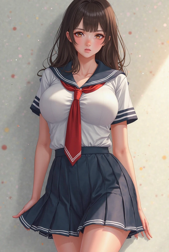,Open mouth, large breasts,wide hips,,twin braids,brown hair,long hair,blush,,standing,cowboy shot,navel,single thighhigh,sleeveless,red skirt,black necktie,white groves,white shirt,black sailor collar,Bright glossy screen,,black hair,,open mouth, ,,huge breasts,,narrow waist,navel , eyelashes, eyeshadow, lips,, 8k, hdr, raytracing