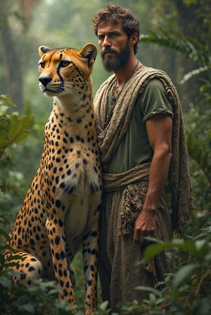 A handsome slim shirtless white skinned man in the desert with a falcon and two leopards beside him