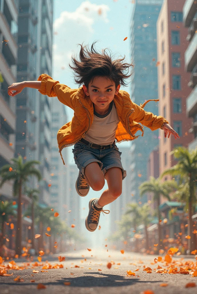 16 year old girl, blind, with giant robotic hands, yellow and green clothing, jumping