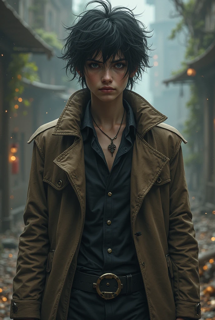 age boy with logan hair smoking cigar with arms crossed wearing anime style leather jacket