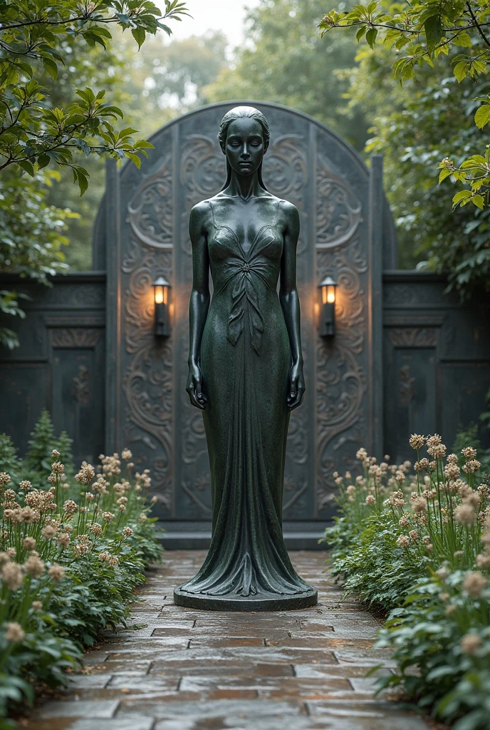 A sculpture in the shape of a rose branch with lighting go garden and woman sculpture