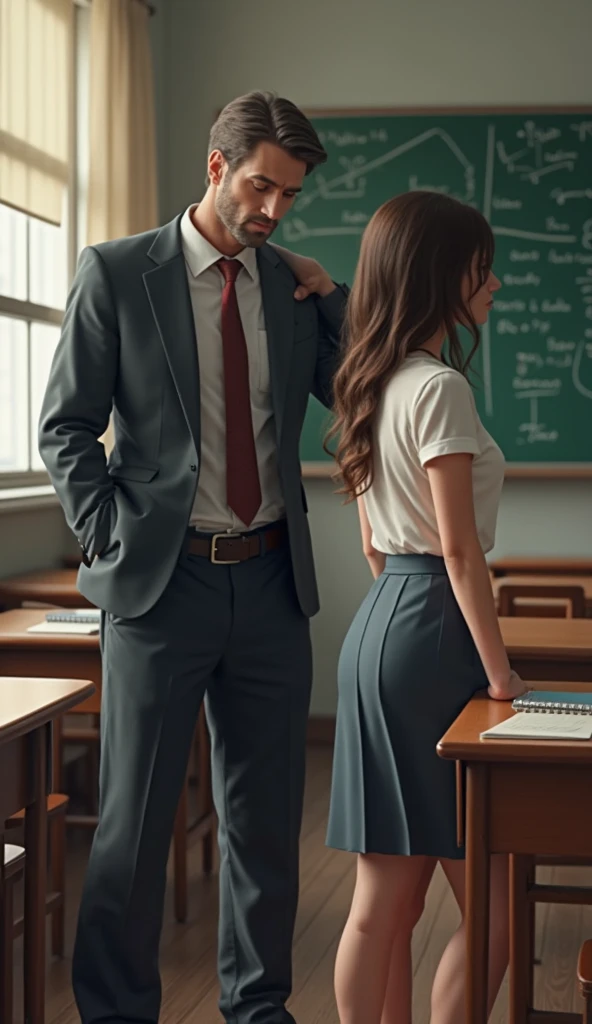Real photo, high resolution,There is a woman teacher hugging to a man in front of class tree in the class room, couple, man wants to sex woman, sexy expression, thin faces, Americans, woman is black long hair, round eyes, glasses, red lips, sexy, white shirt open collar, big brests, deep clevage, blue tight skirt, round and big butts,man is flat top hair, wearing business man, khaki chino pants, glasses, touch woman's butt, unconsciously looking at each other, romantic couple, soft light from the side, lovely couple, day time, near window, morning lighting, expression sex.