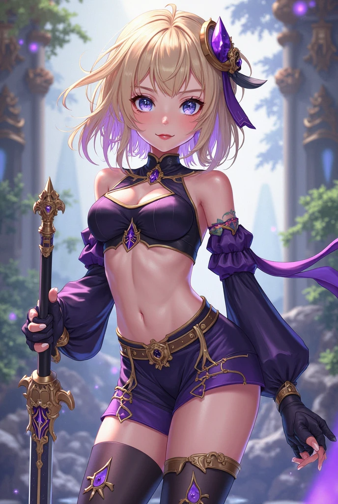young girl, short blonde hair, Fox ears, violet eyes, tattoo, Scars, green kimono, tattoo, open belly, open breasts, open shoulders, neckline on the chest, long skirt, Sad,4k, HD, Good detail