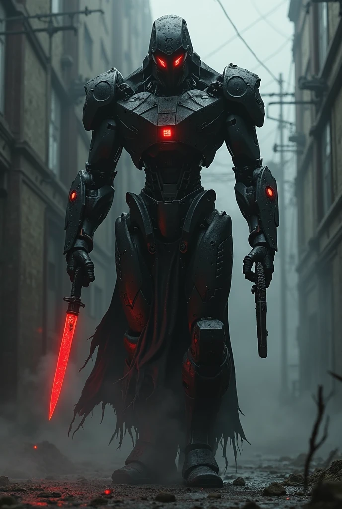 Dark_fantasy,cyberpunk,(chain saw,chain saw man,Red:1.1),1man,Mechanical marvel,Robotic presence,Cybernetic guardian