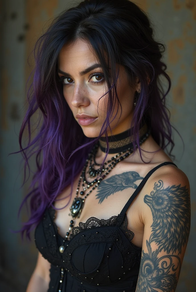((Best Quality)), ((Masterpiece)), (detailed), 1 girl, gothic , shoulder length hair, black hair with a purple streak, a black miniskirt, a black gothic style bra , cadenas en el cuello gothics , a tattoo on the neck , big thighs , her thighs shine in the sunlight, full body camera focus from behind 