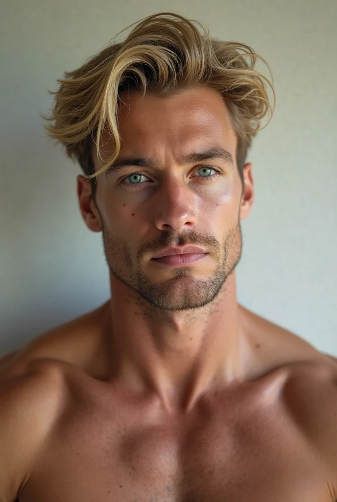 masterpiece, best quality, high resolution, closeup portrait, male focus, solo focus, A man, 40 years old man, in unbuttoned police uniform, cop, police, policeman, blonde bleached hair, messy hairstyle, cute and seductive face, bare chest, body hair, facial hair, roman nose, very skinny body, hairy legs, dimples, goatee, beard, bold jawline , in the background a dark room, soft light, view from below, amazing composition, front view, HDR, ultra quality, elegant, highly detailed