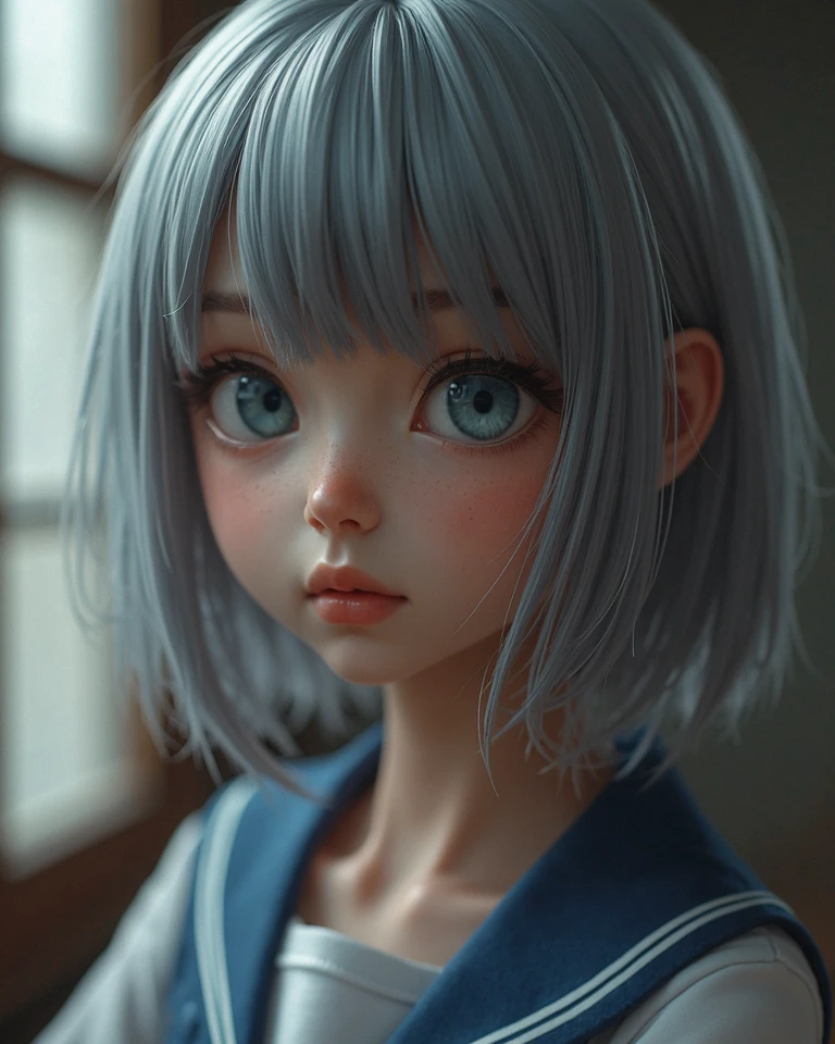 Blue and light blue sailor suit、Light blue medium short hair、Katyusha with a white ribbon、Blue and light blue eyes、White collar、Little girl illuminated by light in classroom