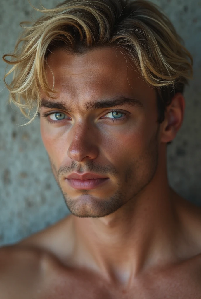 Blonde curly hair, blue eyes, slightly tanned. Slim but muscular.