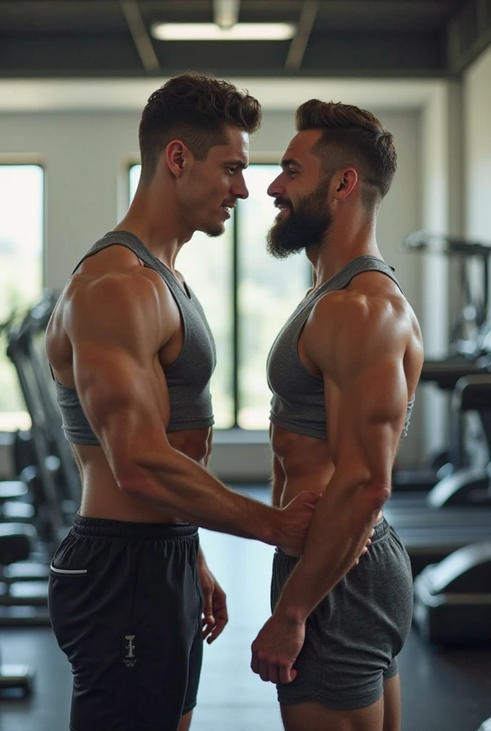 Many pictures in one photo, Pehlwan man Indian Gurjar gay couple wetty mouth to mouth tounge to tounge kissing and sucking lower lip, bitting lower lip during kissing saliva dripping from mouth with big shinning eyes big lips wide jawline beautiful hunk face spiky black hairstyle, seductive kissing in gym during sweat running from body, hot kissing, sucking chest nipples