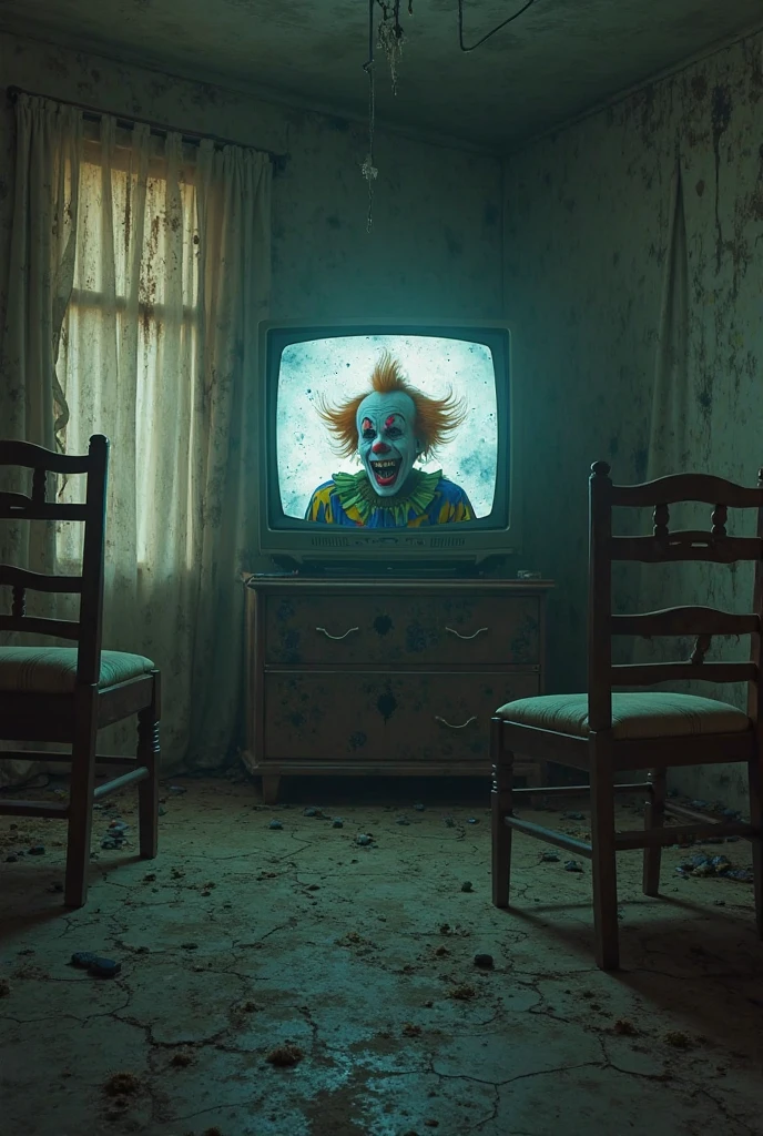The clown of ((It))escuchando una radio y en las paredes escrIturas con sangré que digan ((Henry 2.0)) y en el globo que escrIto (( pop 101.5 ))