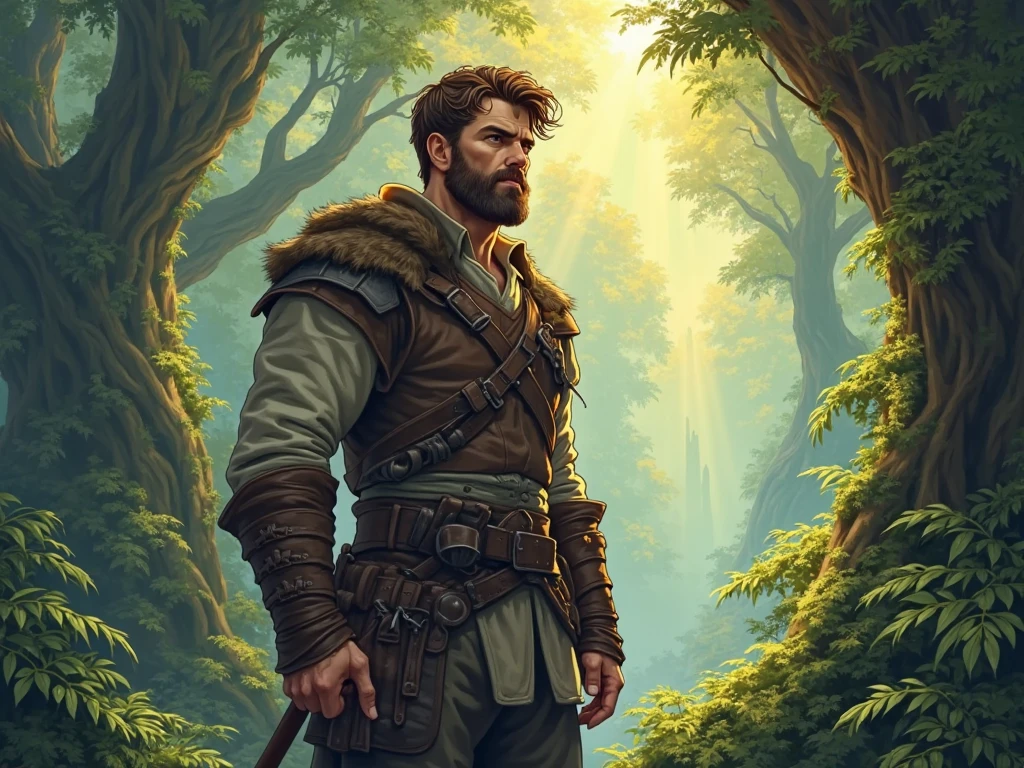 Man with short brown hair and short beard in a forest realistic medieval anime style