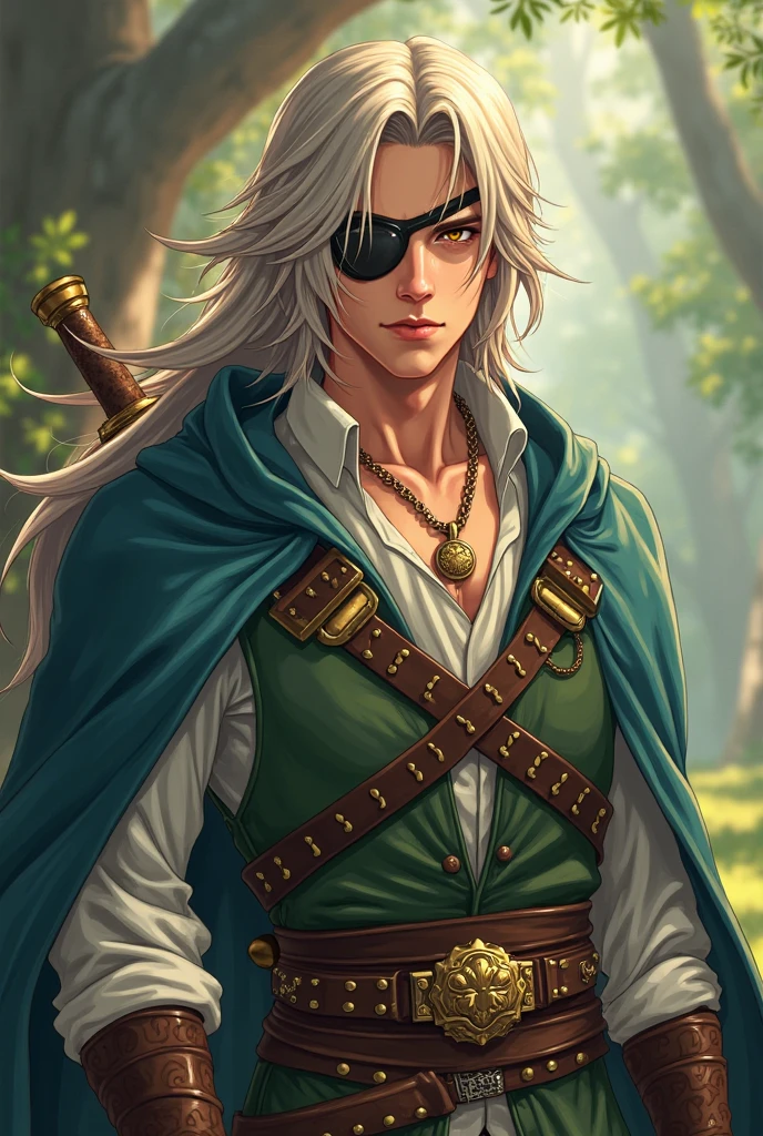 A mystical warrior with long hair , disheveled ash blonde hair , amber eyes , He wore a leather patch over his left eye ., He wears green leather clothing , white, Navy blue and brown , a cape complemented by a leather surrounding his body , A necklace with a round metal pendant and leather body protectors,With a sword in his hands style
UHD, Very detailed, Details altos, Detail, Textured skin, , bright light, Cinematography , animated, anime 2d
