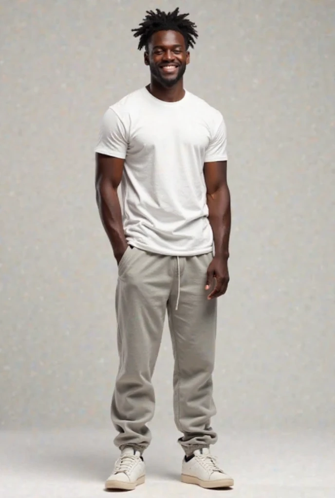 Realistic image, a tall man, about 1.85 m, and a muscular body, He has dark skin, short curly hair, as well as a charismatic smile, he wears light and comfortable clothes, such as a white t-shirt, sweatpants and sneakers