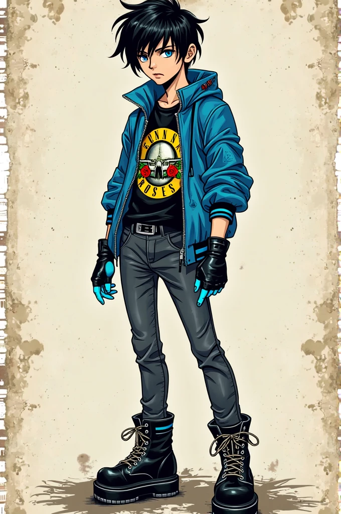 It generates the image of a boy wearing a black shirt with the Guns and Roses print, he has dark black denim pants and a belt, boots like black platform shoes with blue stripes, his hair is completely black but he has a blue shade on his hands, he wears black leather gloves without fingers and finally he wears a gabardine jacket in bright blue with black, this character I want you to do it in a comic style as if drawn by hand.