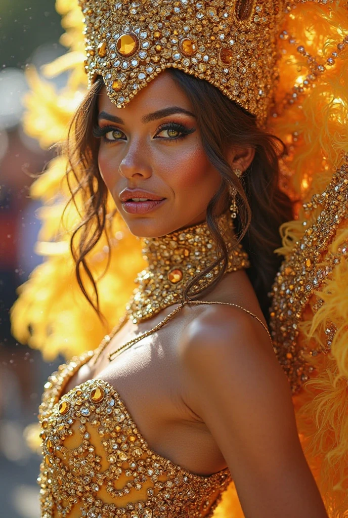 (The ultimate beautiful dark skinned woman、Plump figure) Age 25, Detailed facial features, Lip details, Big eyes with double eyelids (1.4), Full of smiles, smile、(((Stiletto heels、Very tall、The whole body is visible、A large hair ornament with many bird feathers、Confetti)))、Big and ample breasts, prominent thighs, (((big diamond earrings、Samba Carnival Costume、Gorgeous sequined outfit、Gold costumes、Costumes with lots of intricate detail、Very extreme costume、Clothes that expose a lot of skin、Micro bikini type costume)))、 Perfect Image Realism, Rio Carnival Streets、 Detailed costume, Perfect lighting, Hyperrealism,