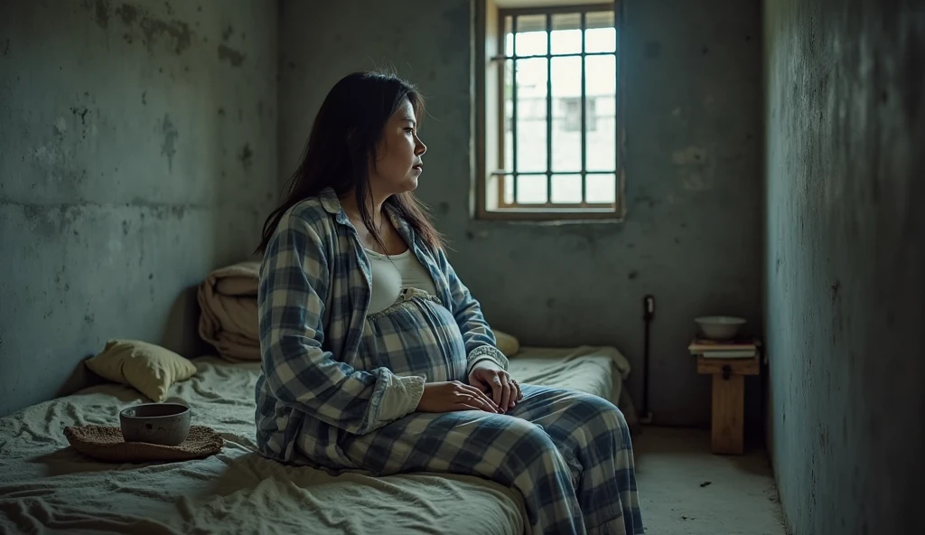 Sad pregnant woman in a simple shack with wood and tarps, sad moon night look