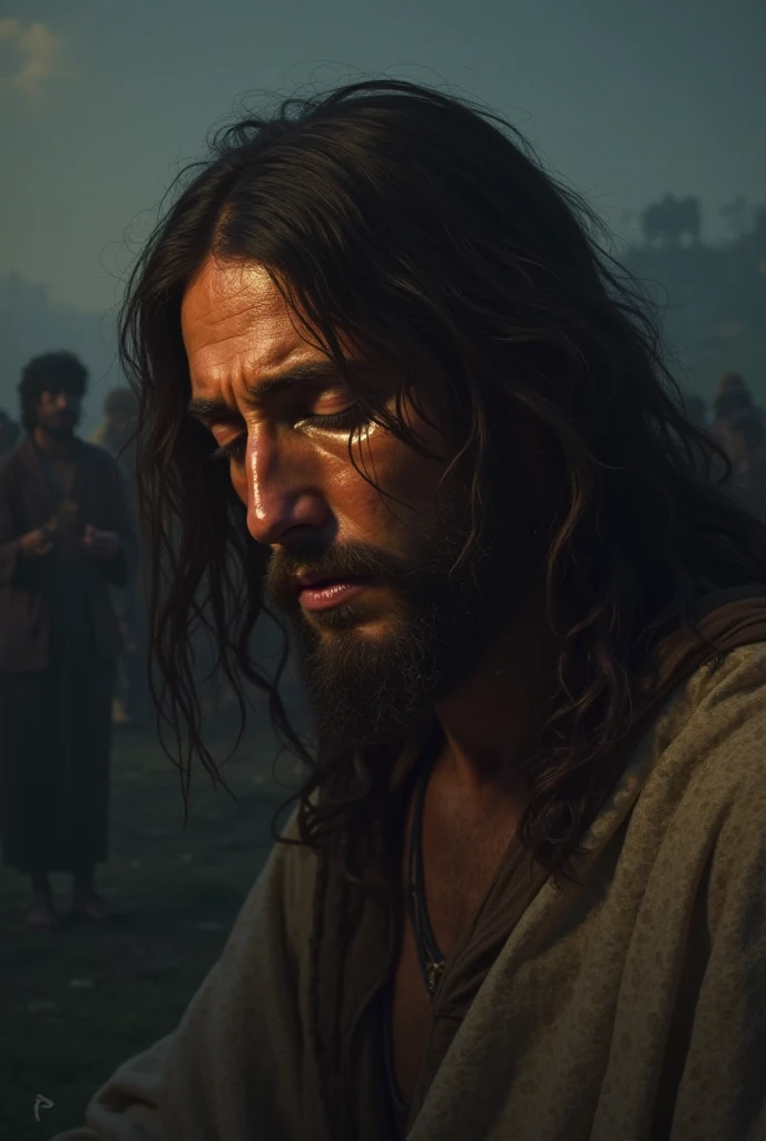 :
"A realistic and emotionally impacting image of Jesus Christ weeping, with tears streaming down his serene face. He is in a dark and reflective environment, with a soft light illuminating her face , highlighting the pain and compassion in his eyes. In the background, a desolate landscape or a distant crowd, symbolizing human suffering . The image must convey deep sadness, empathy and hope , with sober colors and realistic details that evoke a strong emotional connection."