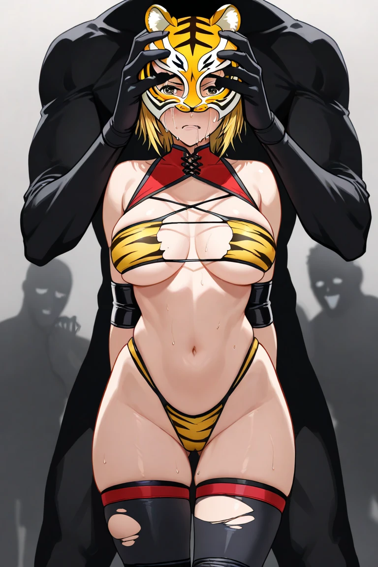 Two long thighs, yellow eyes, blonde hair, short hair, large breasts, detached sleeves, very white background, royal tiara, long cape, yellow tiger bikini, high heels, hands on hips. red tattoo on belly navel, full body female MILF BIMBO, lustful smirking smile face (red blush), metal shoulders, golden bracers sleeveless, black choker sex slave, blindolded, leather corset abs navel, parted lips, blindfolded