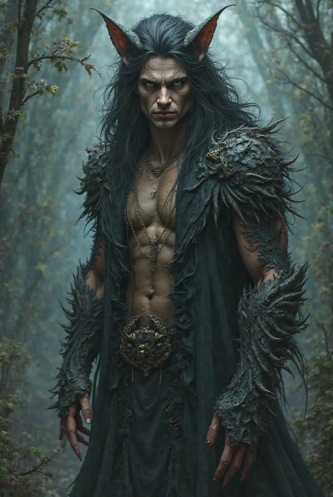 full-body close-up, camera turned, realistic digital painting portrait of a middle-aged male man,grown man, (shoulder-length hair:1.1), (greyish black hair:1.3), freckles, brown eyes, magical universe, forest, abdomen on display, torn pants, barefoot, clothing in intricate detail, blood all over the body (abstract background:1.2), (light particle:1.1), (very detailed skin:1.2), (game concept:1.3), (elden ring style:1.3), (arcane style:0.8), (depth of field:1.3), global lighting, art by Viktoria Gavrilenko