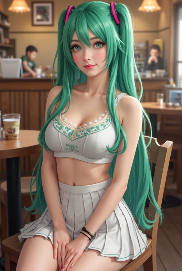 female adult , long purple hair . purple alluring eyes , fit body , big boobs , sexy ass , wearing a jeans few trendy rips , wearing a black long leather boots , wearing a black tight tight body t-shirt with v-cut . golden neckless and earing with green jade on it , golden bracelet with green jades on them , sitting in park crossed legs and drinking iced coffee , face makeup , trendy bag next to her ,