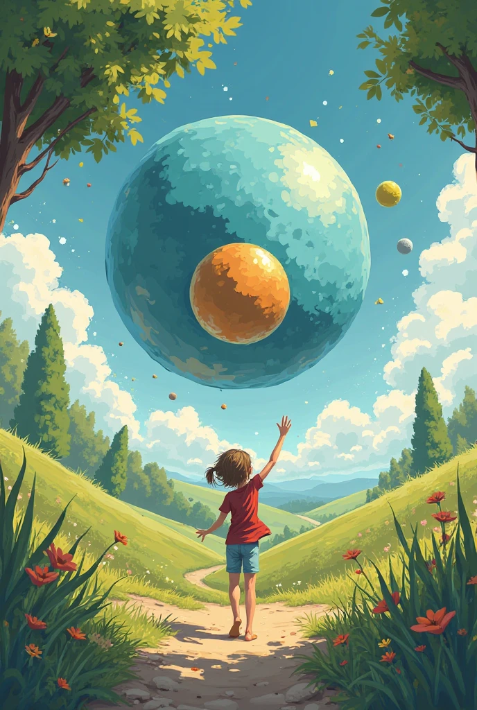 A little boy, carrying a colorful planet on his back, walks in the vast universe,