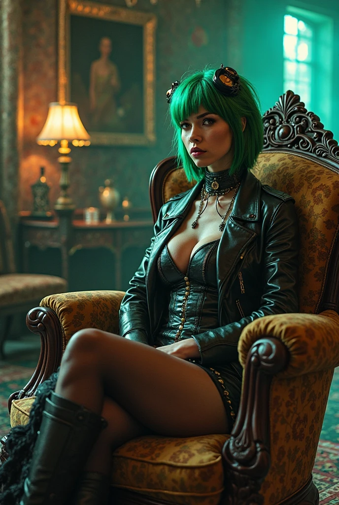(((medium full shot))), (Masterpiece, photorealistic, photorealism, best quality, ultra-detailed:1.3), (nice hands, perfect hands), official art, cinematic light, (1girl:1.3), adult, (gloom /(expression/):1.1), (long lashes, mascara:1.1), eyeliner, short hair, green hair, green eyes, necklace, jewelry, pantyhose, dress, short dress, gothic, black latex dress, lace, corset dress, ((medieval crypt)), (blurry background:1.05), (looking at viewer, sitting:1.1),
