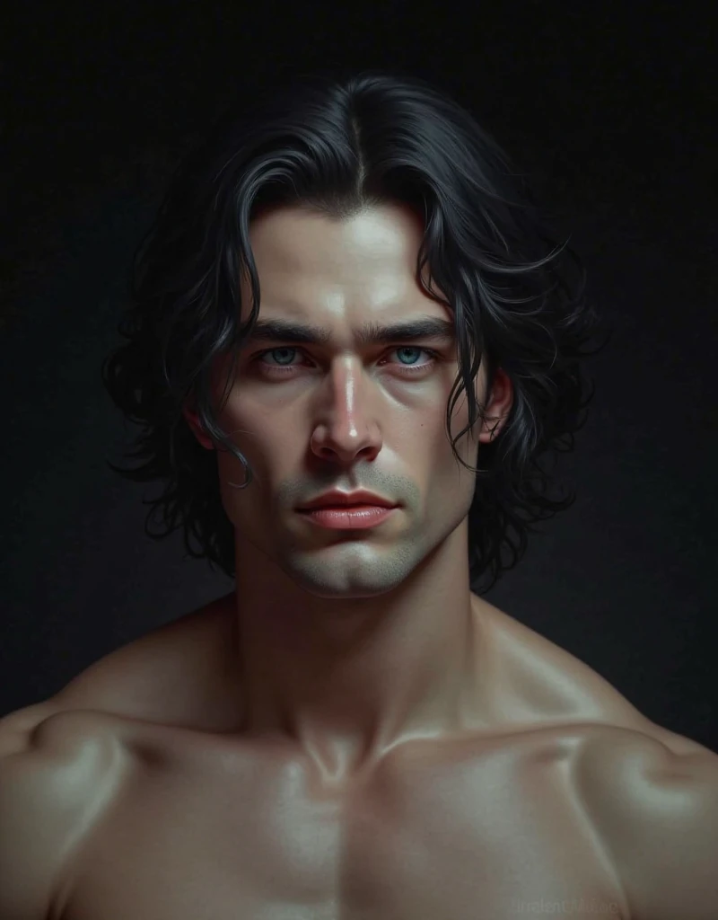 tanned man, full and reddish lips, Straight Nose, sharp purple eyes, straight and defined eyebrows, defined jaw, sharp cheekbones and wavy black hair, defined body, no beard and moustache