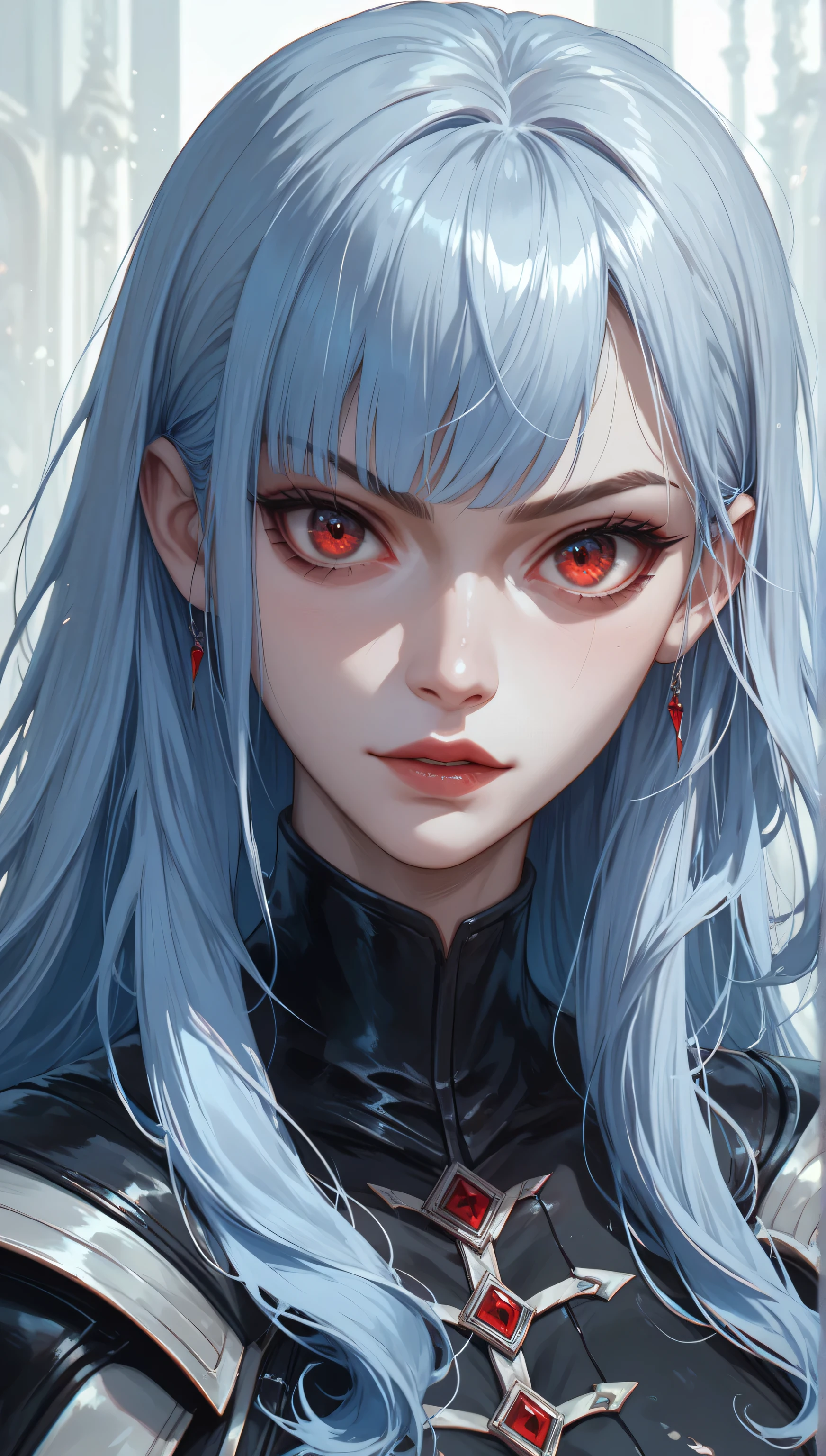 Pale blue hair,By bangs,long whitr hair,red color eyes,By bangs,s girl,Evil expressions,Villain expression