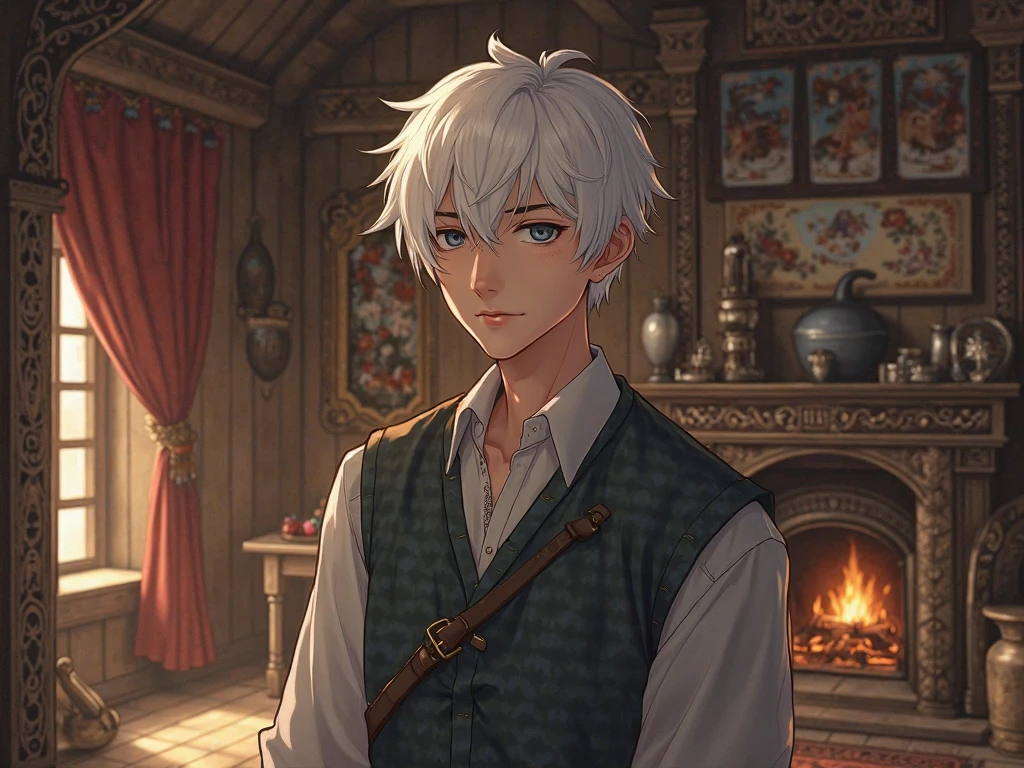 A cute 18 year old boy with a height of 1.55 White hair with silver eyes, from medieval era, sitting in a tavern.