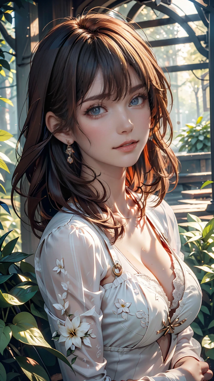 masterpiece, Highest quality, Ultra-high resolution, Fluorescent color,, 1 Girl, Looking at the audience, Beautiful Face, Beautiful Eyes, (Off the shoulder: 1.2), Lift your head, Upper Body, forest, Shiny Hair, Shiny skin, Shining Cut, Little, Adjusting the Finger Ratio