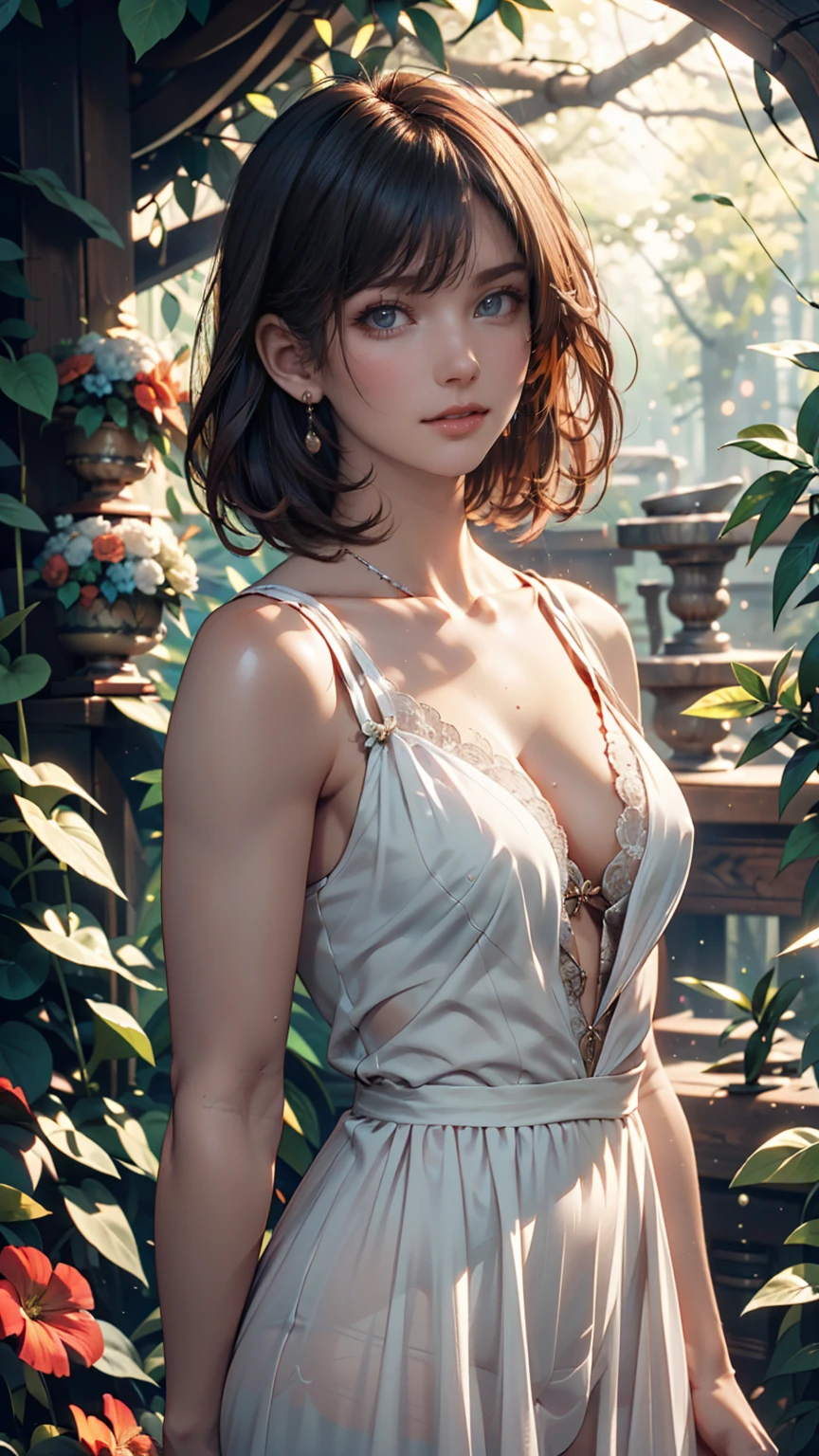 short hair, mmmm, (Sharp focus:1.2), photograph, Attractive Young Woman, (Beautiful Face:1.1), Detailed eyes, Seductive lips, (Bold red lip color:0.85), (Medium chest:1.0), (The body is slim:1.2), (Long Hair:1.2), wear (1980s Peplum Dress:1.2) in (botanical garden:1.2). (Moody lighting:1.2), Depth of written boundary, Bokeh, 4K, High resolution. by (James C. Christensen:1.2|Jeremy Lipking:1.1).