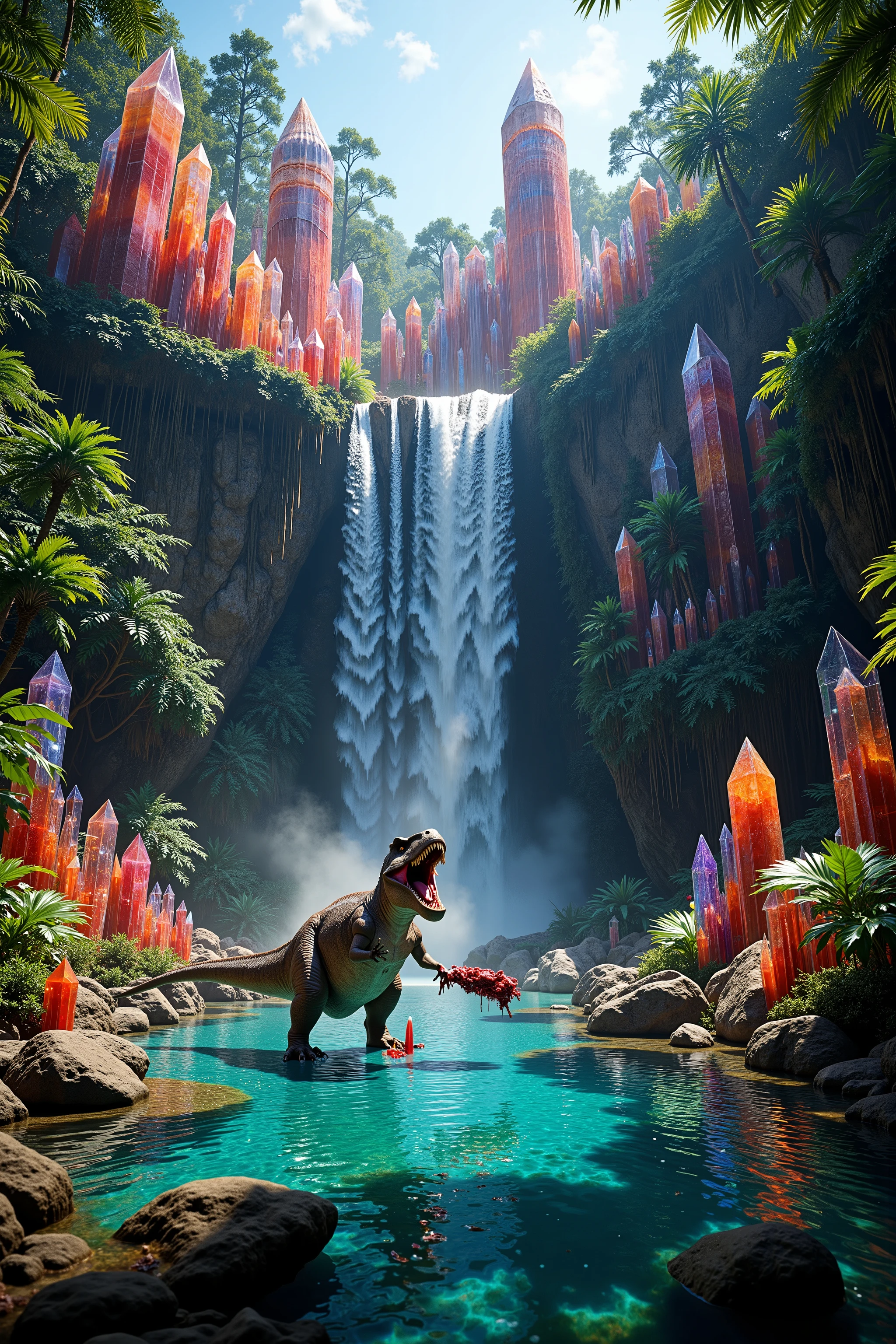 <lora:Auraquartz. A cliff that is 300 feet tall made up of gigantic quartz crystal points that are multicolored translucent pillars in a tropical rainforest. In the middle of these skyscraper sized quartz crystals is an incredible gushing, cascading waterfall that pours into a beautiful lagoon that is lined with smaller quartz crystals 20 to 40 feet tall. In hues of Pink, Red, Orange, Yellow, Green, Blue, and purple, there are hundreds of quartz crystal formations pointing up in the sunlight in the cliff and protruding from the perimeter of the lagoon. Be sure that they are partially translucent and radiate color in the bright full sunlight. <Lora:dinosaur In this Full Sunlight we see a Tyrannosaurus Rex as he has another dinosaur down and is tearing him to shreads in the lagoon. Huge chunks of red raw meat are ripped off by the T Rex and the crystal clear blue water becomes thick with blood all around them. Pieces of stringy meat and blood hang and drip off the T Rex's enormous teeth, his mouth covered in blood, and his eyes full of carnivore ecstasy as he eats his prey. No red eyes! Graphic and disturbingly natural. Anatomically Correct Size and Proportion of T Rex! Breathtakingly Beautiful, Stunning, Awe Inspiring, An Awesome Site! If you get it right! 8K Octane, Action Painting, Artistic, Cinematic, Cinematography, Conceptual Art, Digital Art, Fujicolor, Super Saturated Colors, Hyperdetailed, Hyperrealism, Photorealistic, Pixel Art, Pixel Assets, Portrait Photography, Surrealism, Unreal Engine, Sparkle, Depth Of Field, Optical Illusion, Cinematic Lighting, Glowing Light, Reflection Light, Ray Tracing, God Rays, Perspective, Ultra bloody and gorey, UHD, Super Detailed, Best Quality, Detail, Award Winning, Ultra Masterpiece