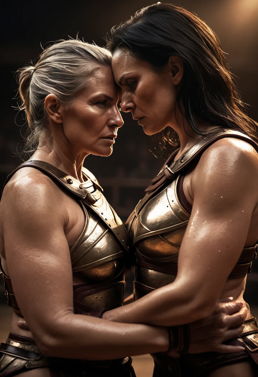 Tight angle post-fight front view shot of two female 48-years-old gladiatrix. big titty nudist middle-aged housewives. naked  in a gladiator Arena zoomed out full body and face and ring photo. hyperrealistic gritty 8k 18+ dark beautiful epic composition high resolution