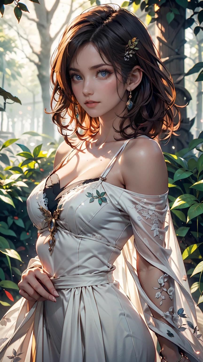 Cute woman in the drizzle, (elegant, Beautiful Face), A sheer, transparent white dress, Forest Moss, (freckles:0.8), Flower Field, , Curly Red Hair, Magical atmosphere, (short hair), ((Detailed skin, Skin Texture)), Ultra-detailed, (Exquisitely crafted, Fine details, Ultra-detailed), Ray Tracing, Scattered beneath the surface, (Fantasy underworld in the background), Diffused and soft lighting, Shallow depth of field, by (by Oliver Wetter), Sharp focus blur, (Realistic photo quality:1.4)