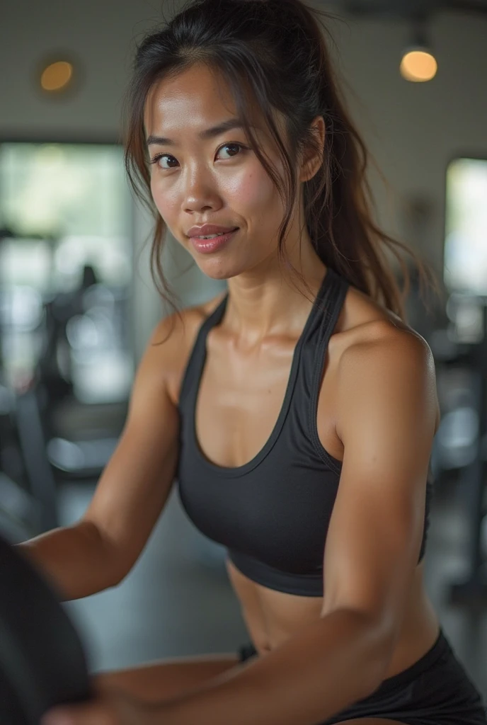 A beautiful 28 years old girl in gym dress doing exercise in the gym. She has long black hairs and dimples on cheeks. She is smiling 