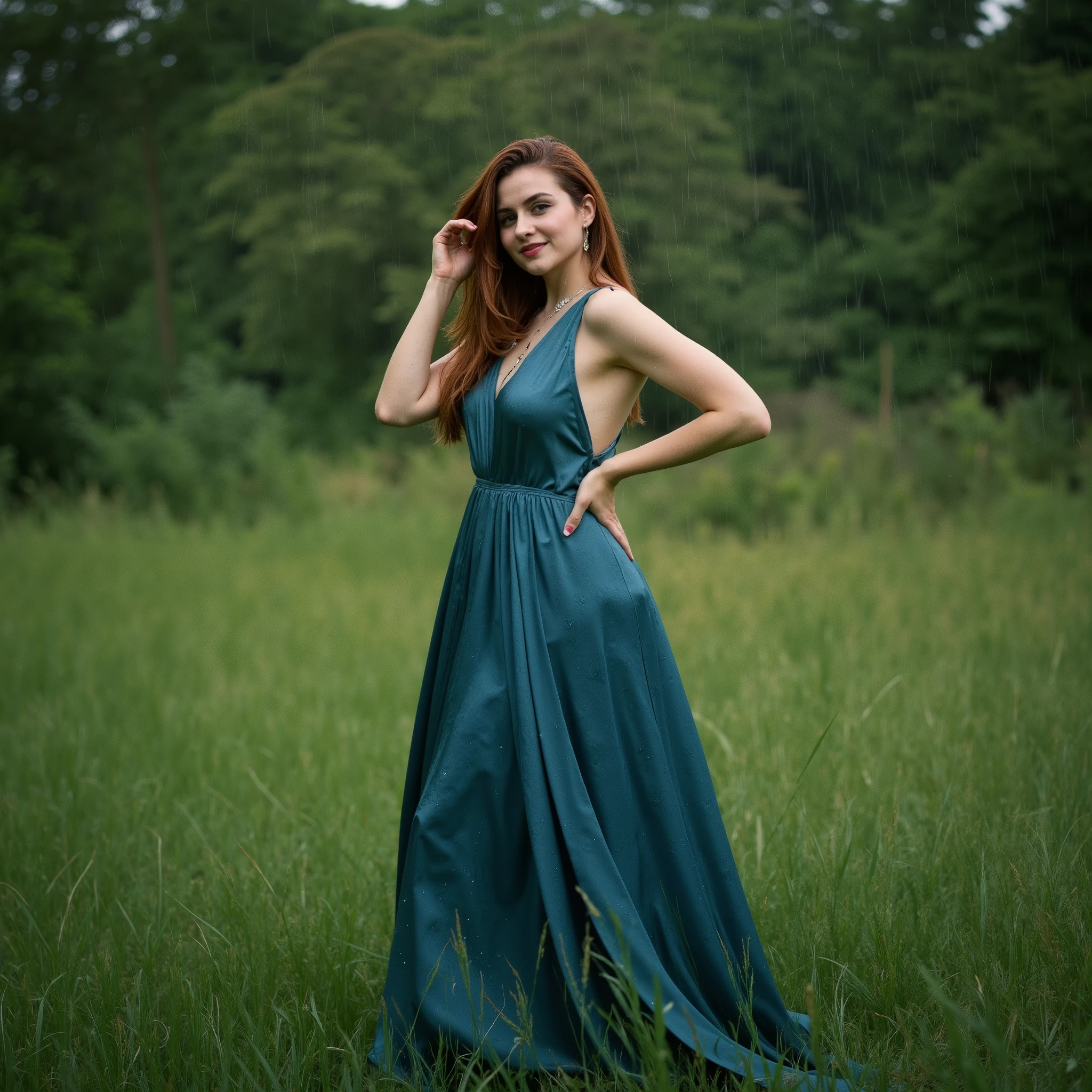 Create a hyper-realistic professional photograph of an 18-year-old woman with a curvy yet elegant physique, fair skin, and long, flowing red hair. She is wearing a stunning, floor-length satin gown in a rich teal-blue shade with thin straps and a subtle neckline, draping gracefully with delicate folds and a soft shimmer that catches the light. She stands in a lush, green meadow surrounded by tall grass and dense trees, evoking a serene and ethereal atmosphere. It's raining, and the model's body is soaked, with raindrops glistening on her skin and dress. One hand brushes through her wet hair, while the other holds a detail of her dress. Her expression is calm and confident with a slight smile. The background consists of blurred greenery, creating a dreamy depth of field that draws focus to her. Soft, diffused lighting casts a gentle glow on her skin, accentuating the satin fabric. The rich teal gown contrasts beautifully with the vibrant greens of nature. The overall aesthetic blends elegance with the raw beauty of nature, with a cinematic and artistic feel. The photograph is captured on 35mm film, giving it a timeless, nostalgic quality with slightly muted colors, warm undertones, and soft grain textures. Highlights are gently blown out, creating a dreamy glow, while shadows are rich and slightly faded, framed by a subtle vignette. The gown's teal hue takes on a desaturated, retro look in harmony with the meadow's earthy greens. Faint light leaks and subtle imperfections, like hints of dust or light scratches, add to the authentic analog aesthetic, blending hyper-realism with vintage charm.