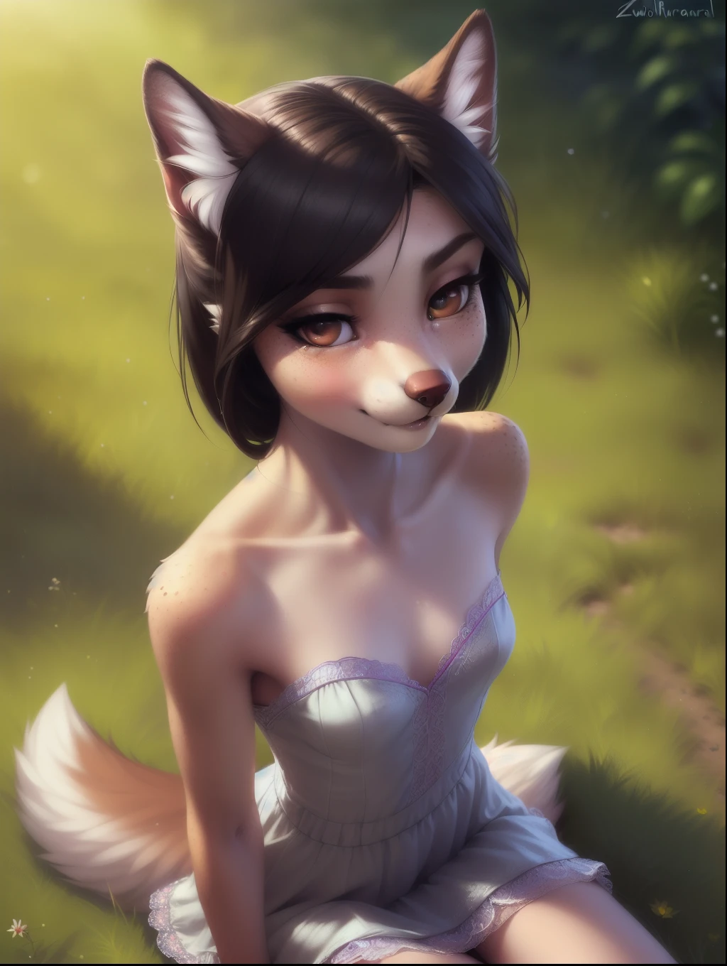 A sharp focus half-length portrait pretty countershade soft rim lighting shading digital artwork (kemono:0) female wolf lady looking at viewer three-quarters view standing forest background