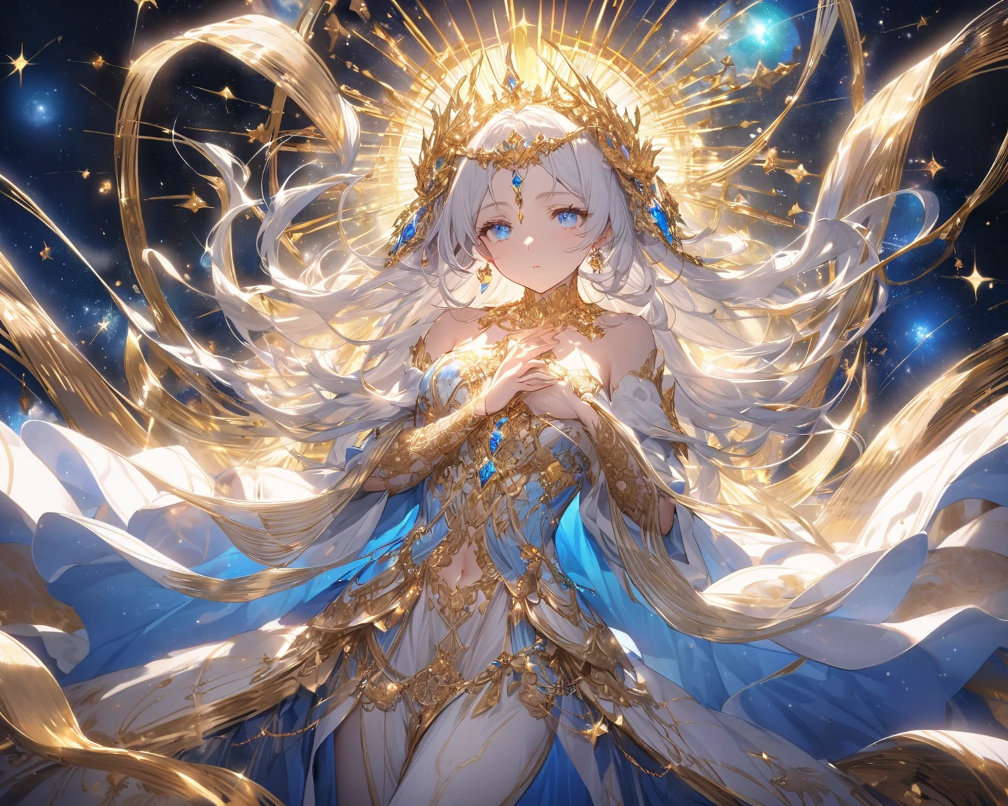 (8K, best quality, master piece: 1.2),super high resolution,1 girl is Aphrodite,18yo,solo,detailed cute face, pretty baby face, ultra cute kawaii, smile,detailed eyes,white hair,long hair,arched crown ,(Aphrodite),Gold Dress,straight hair,(iridescent light:1.4),standing,praying hands,Sky Bridge,sense of depth