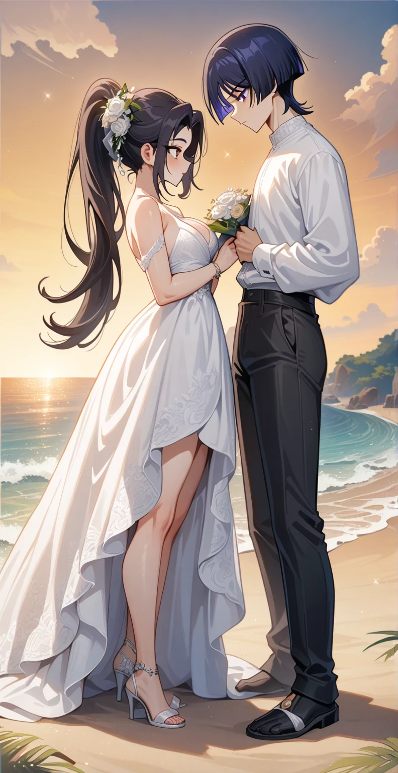 Two young people who are in love with each other have locked their eyes with each other and kissing. The man is muscular and lean with an open shirt and white shorts. The woman is beautiful and is wearing a white georgette half gown. Full body photo with beach background and sun in the sky with scattered clouds in between. The man’s arms are around the woman’s back. The woman’s arms cup the man’s face. Detailed work with good quality.