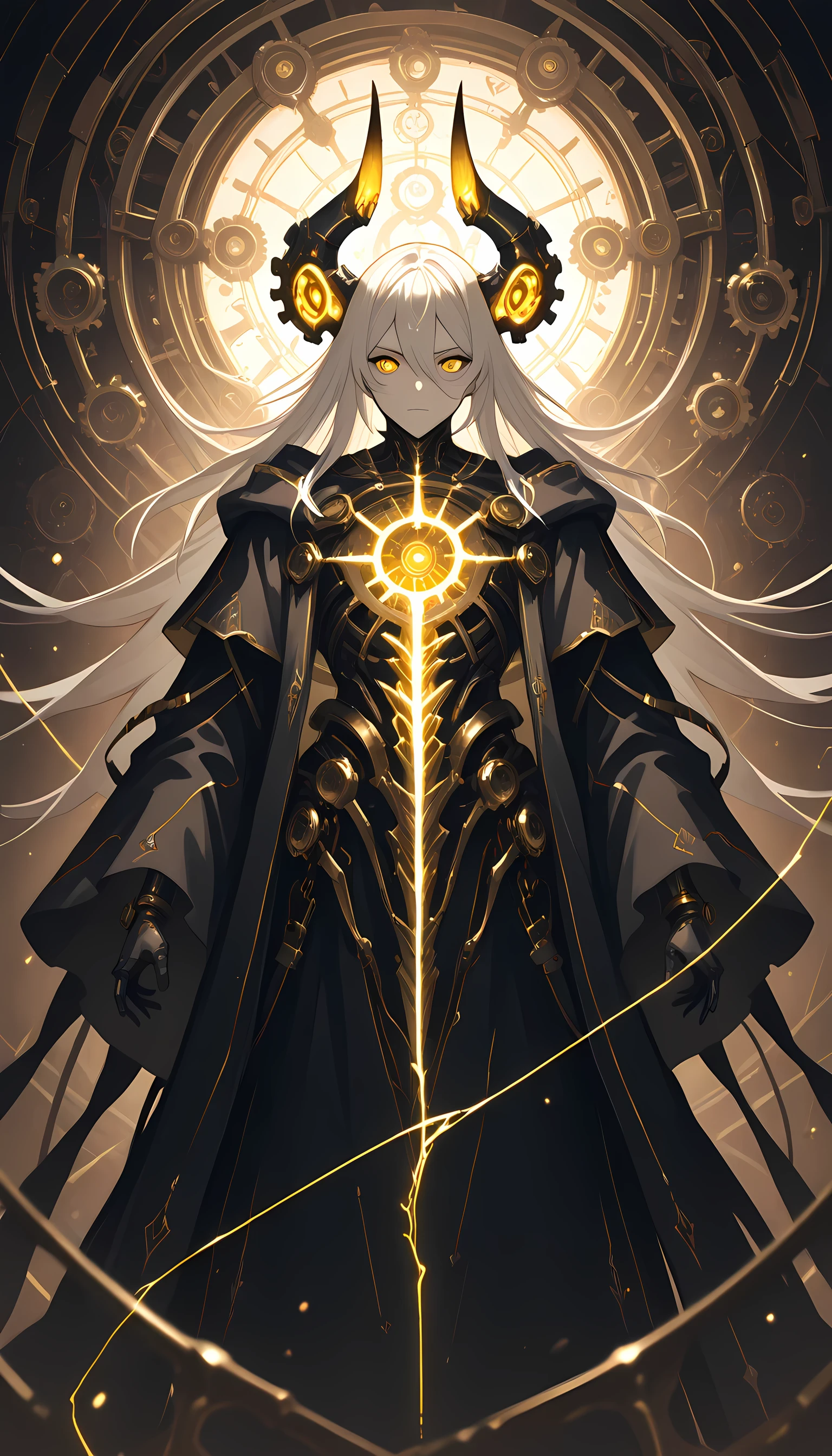 1boy, malevolent archmage, broken glowing horns, vibrant yellow eyes, white windswept hair, dark flowing robe with gold filigree, extreme close-up, focus on intense eyes and crackling energy, shadowed background with electric currents, anime illustration, best quality, spot color, masterpiece, newest, absurdres, incredibly absurdres, abstract background, concept art, depth of field, volumetric lighting, dynamic angle, epic composition, epic proportion, best quality, amazing quality, very aesthetic, detailed background, detailed environment,steampunk, gear,