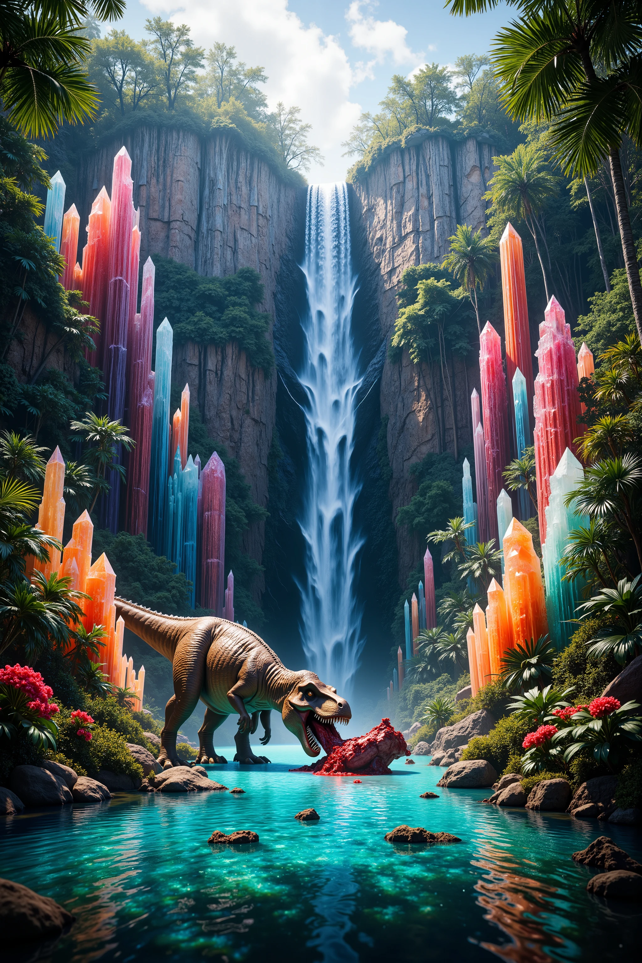 <lora:Auraquartz. A cliff that is 300 feet tall made up of gigantic quartz crystal points that are multicolored translucent pillars in a tropical rainforest. In the middle of these skyscraper sized quartz crystals is an incredible gushing, cascading waterfall that pours into a beautiful lagoon that is lined with smaller quartz crystals 20 to 40 feet tall. In hues of Pink, Red, Orange, Yellow, Green, Blue, and purple, there are hundreds of quartz crystal formations pointing up in the sunlight in the cliff and protruding from the perimeter of the lagoon. Be sure that they are partially translucent and radiate color in the bright full sunlight. <Lora:dinosaur In this Full Sunlight we see a Tyrannosaurus Rex as he has another dinosaur down and is tearing him to shreads in the lagoon. Huge chunks of red raw meat are ripped off by the T Rex and the crystal clear blue water becomes thick with blood all around them. Pieces of stringy meat and blood hang and drip off the T Rex's enormous teeth, his mouth covered in blood, and his eyes full of carnivore ecstasy as he eats his prey. No red eyes! Graphic and disturbingly natural. Anatomically Correct Size and Proportion of T Rex! Breathtakingly Beautiful, Stunning, Awe Inspiring, An Awesome Site! If you get it right! 8K Octane, Action Painting, Artistic, Cinematic, Cinematography, Conceptual Art, Digital Art, Fujicolor, Super Saturated Colors, Hyperdetailed, Hyperrealism, Photorealistic, Pixel Art, Pixel Assets, Portrait Photography, Surrealism, Unreal Engine, Sparkle, Depth Of Field, Optical Illusion, Cinematic Lighting, Glowing Light, Reflection Light, Ray Tracing, God Rays, Perspective, Ultra bloody and gorey, UHD, Super Detailed, Best Quality, Detail, Award Winning, Ultra Masterpiece