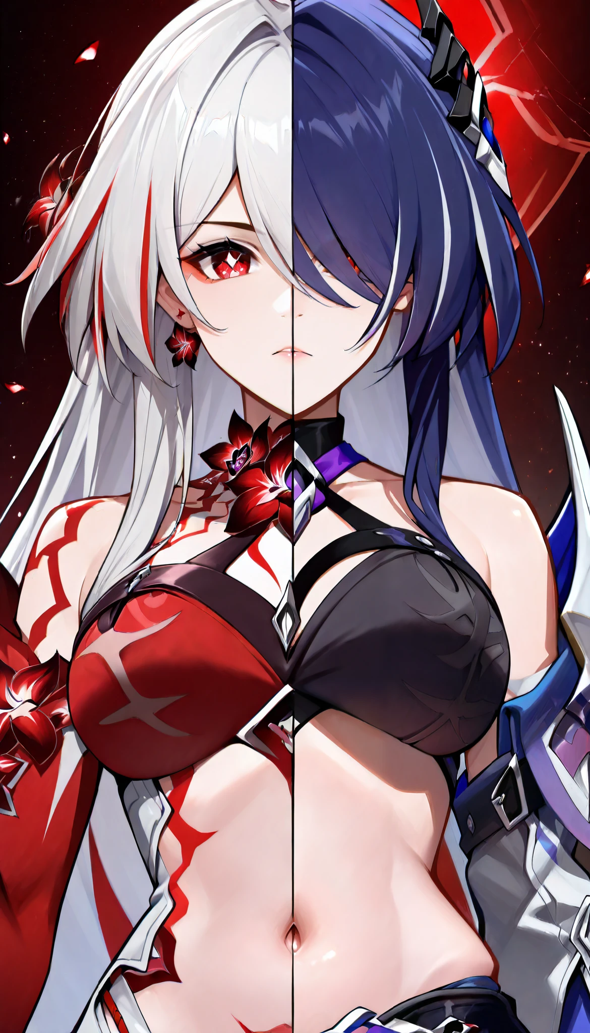 masterpiece, best quality, indoor, 1girl, SplitScreen, split screen, standing, navel, acheron \(honkai: star rail\), acheron \(red type\) \(honkai: star rail\)