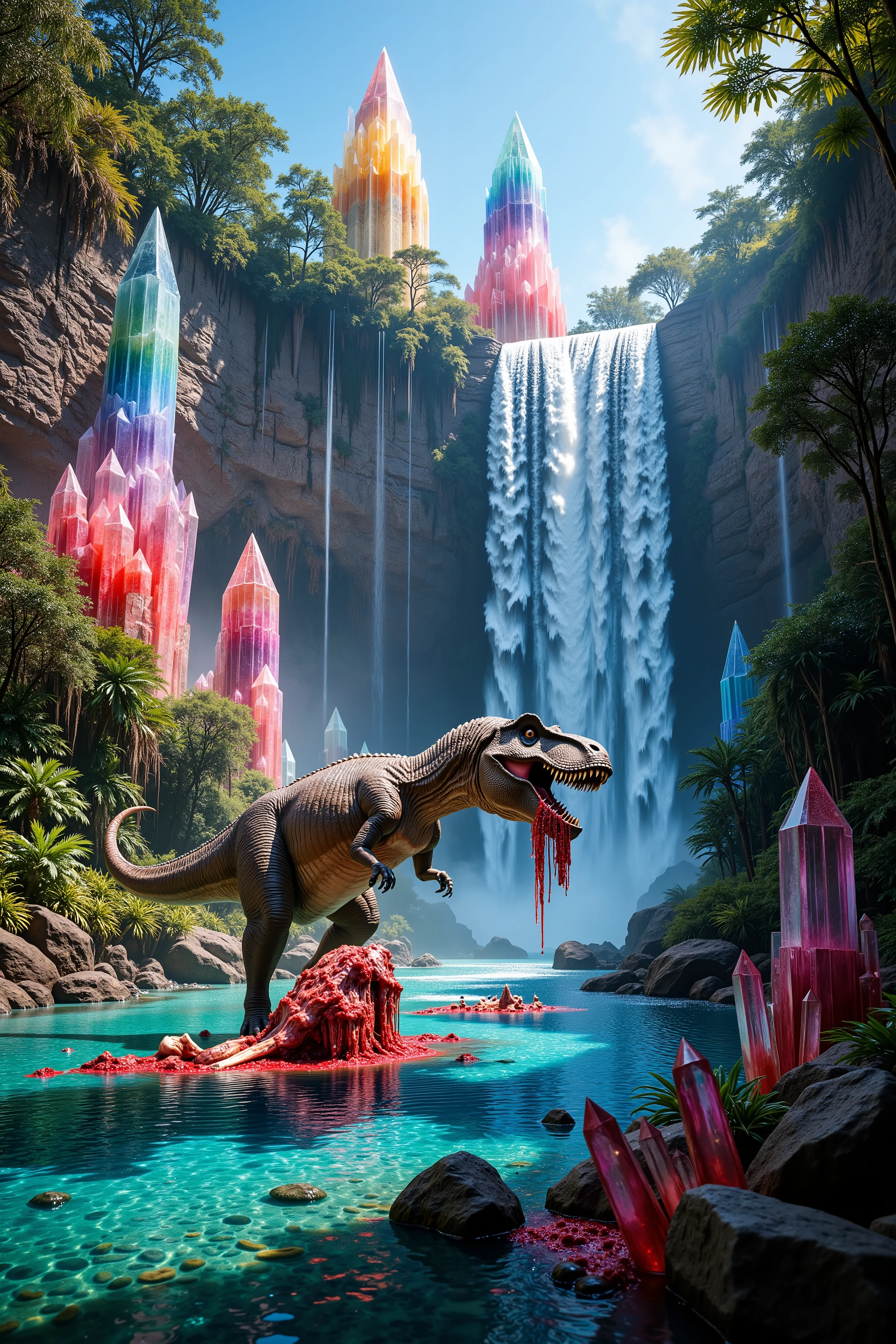 <lora:Auraquartz. A cliff that is 300 feet tall made up of gigantic quartz crystal points that are multicolored translucent pillars in a tropical rainforest. In the middle of these skyscraper sized quartz crystals is an incredible gushing, cascading waterfall that pours into a beautiful lagoon that is lined with smaller quartz crystals 20 to 40 feet tall. In hues of Pink, Red, Orange, Yellow, Green, Blue, and purple, there are hundreds of quartz crystal formations pointing up in the sunlight in the cliff and protruding from the perimeter of the lagoon. Be sure that they are partially translucent and radiate color in the bright full sunlight. <Lora:dinosaur In this Full Sunlight we see a Tyrannosaurus Rex as he has another dinosaur down and is tearing him to shreads in the lagoon. Huge chunks of red raw meat are ripped off by the T Rex and the crystal clear blue water becomes thick with blood all around them. Pieces of stringy meat and blood hang and drip off the T Rex's enormous teeth, his mouth covered in blood, and his eyes full of carnivore ecstasy as he eats his prey. No red eyes! Graphic and disturbingly natural. Anatomically Correct Size and Proportion of T Rex! Breathtakingly Beautiful, Stunning, Awe Inspiring, An Awesome Site! If you get it right! 8K Octane, Action Painting, Artistic, Cinematic, Cinematography, Conceptual Art, Digital Art, Fujicolor, Super Saturated Colors, Hyperdetailed, Hyperrealism, Photorealistic, Pixel Art, Pixel Assets, Portrait Photography, Surrealism, Unreal Engine, Sparkle, Depth Of Field, Optical Illusion, Cinematic Lighting, Glowing Light, Reflection Light, Ray Tracing, God Rays, Perspective, Ultra bloody and gorey, UHD, Super Detailed, Best Quality, Detail, Award Winning, Ultra Masterpiece
