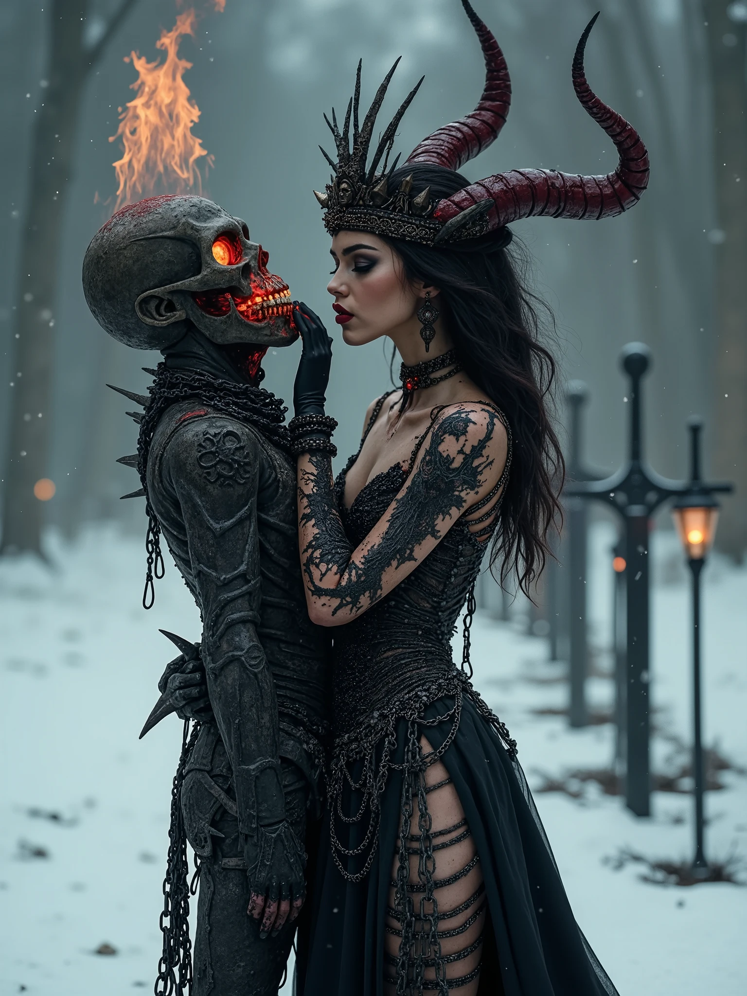 Beautiful Female cosmic necromancer entity,necromancer warrior queen,chain dress hugging a demonic statue, licking it And having huge flaming horns, half nude,snow in the air and ground,spilled with red and black goo,dark makeup,dark surrealism,dark realistic photography, dark occult art,melancholic dark art, surreal dark art,realistic look,bone and metal chains armour, with spikes on the wrists and chain hooks,cosmic background,nude dark art,death and darkness,black goo everywhere,cosmic darkness, crown made from branches and leaves, majestic sad face, swords stuck in the ground