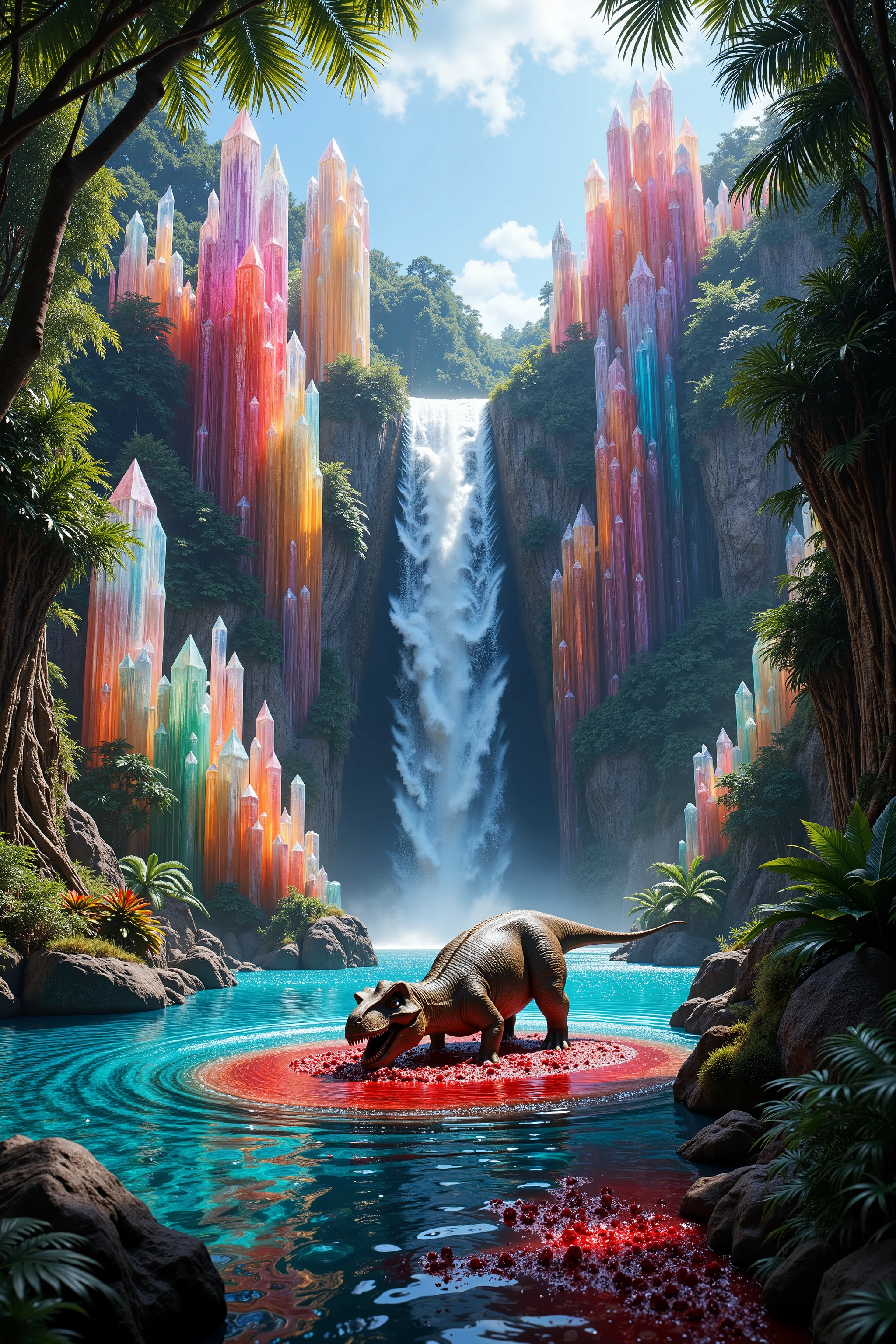 <lora:Auraquartz. A cliff that is 300 feet tall made up of gigantic quartz crystal points that are multicolored translucent pillars in a tropical rainforest. In the middle of these skyscraper sized quartz crystals is an incredible gushing, cascading waterfall that pours into a beautiful lagoon that is lined with smaller quartz crystals 20 to 40 feet tall. In hues of Pink, Red, Orange, Yellow, Green, Blue, and purple, there are hundreds of quartz crystal formations pointing up in the sunlight in the cliff and protruding from the perimeter of the lagoon. Be sure that they are partially translucent and radiate color in the bright full sunlight. <Lora:dinosaur In this Full Sunlight we see a Tyrannosaurus Rex as he has another dinosaur down and is tearing him to shreads in the lagoon. Huge chunks of red raw meat are ripped off by the T Rex and the crystal clear blue water becomes thick with blood all around them. Pieces of stringy meat and blood hang and drip off the T Rex's enormous teeth, his mouth covered in blood, and his eyes full of carnivore ecstasy as he eats his prey. No red eyes! Graphic and disturbingly natural. Anatomically Correct Size and Proportion of T Rex! Breathtakingly Beautiful, Stunning, Awe Inspiring, An Awesome Site! If you get it right! 8K Octane, Action Painting, Artistic, Cinematic, Cinematography, Conceptual Art, Digital Art, Fujicolor, Super Saturated Colors, Hyperdetailed, Hyperrealism, Photorealistic, Pixel Art, Pixel Assets, Portrait Photography, Surrealism, Unreal Engine, Sparkle, Depth Of Field, Optical Illusion, Cinematic Lighting, Glowing Light, Reflection Light, Ray Tracing, God Rays, Perspective, Ultra bloody and gorey, UHD, Super Detailed, Best Quality, Detail, Award Winning, Ultra Masterpiece