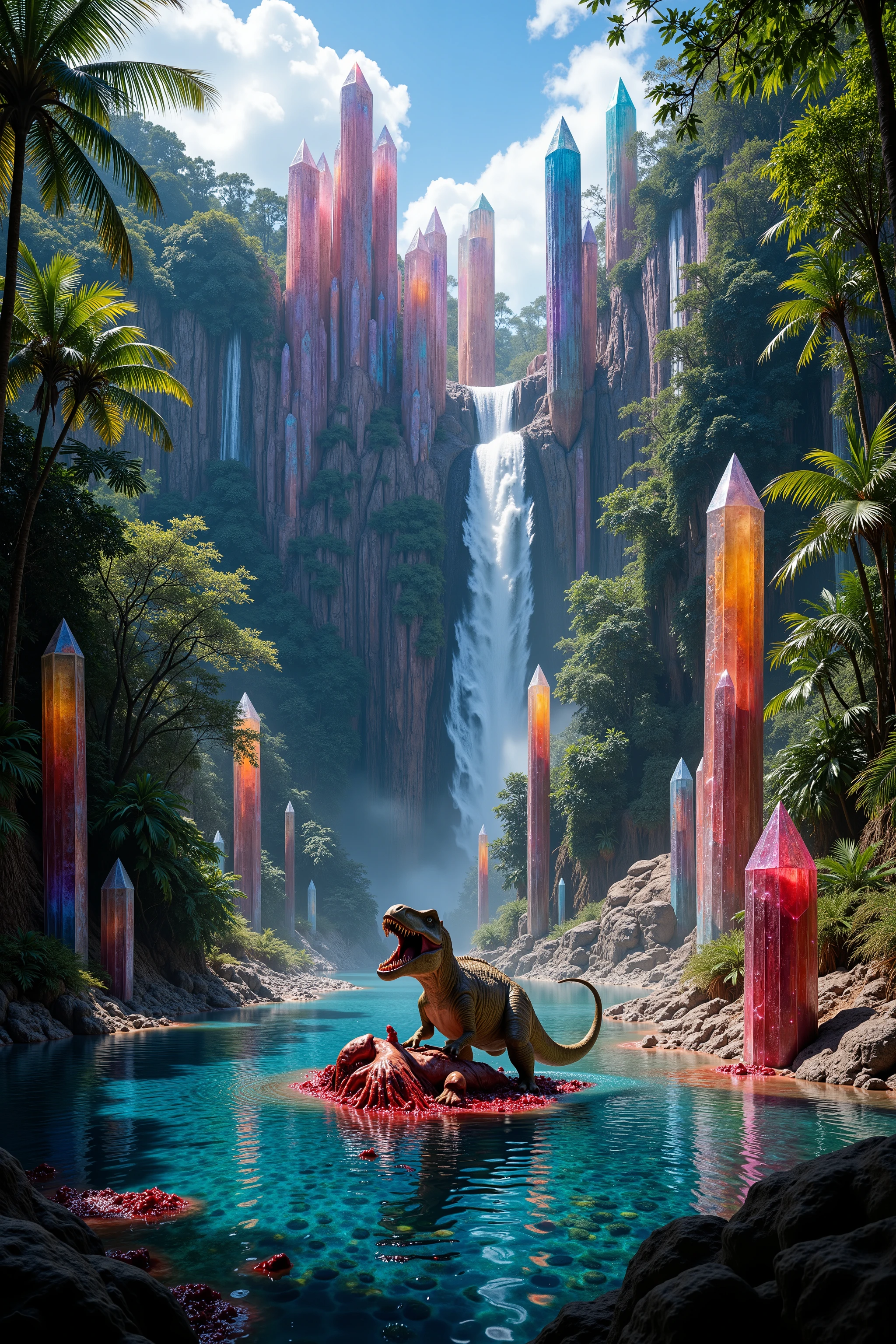 <lora:Auraquartz. A cliff that is 300 feet tall made up of gigantic quartz crystal points that are multicolored translucent pillars in a tropical rainforest. In the middle of these skyscraper sized quartz crystals is an incredible gushing, cascading waterfall that pours into a beautiful lagoon that is lined with smaller quartz crystals 20 to 40 feet tall. In hues of Pink, Red, Orange, Yellow, Green, Blue, and purple, there are hundreds of quartz crystal formations pointing up in the sunlight in the cliff and protruding from the perimeter of the lagoon. Be sure that they are partially translucent and radiate color in the bright full sunlight. <Lora:dinosaur In this Full Sunlight we see a Tyrannosaurus Rex as he has another dinosaur down and is tearing him to shreads in the lagoon. Huge chunks of red raw meat are ripped off by the T Rex and the crystal clear blue water becomes thick with blood all around them. Pieces of stringy meat and blood hang and drip off the T Rex's enormous teeth, his mouth covered in blood, and his eyes full of carnivore ecstasy as he eats his prey. No red eyes! Graphic and disturbingly natural. Anatomically Correct Size and Proportion of T Rex! Breathtakingly Beautiful, Stunning, Awe Inspiring, An Awesome Site! If you get it right! 8K Octane, Action Painting, Artistic, Cinematic, Cinematography, Conceptual Art, Digital Art, Fujicolor, Super Saturated Colors, Hyperdetailed, Hyperrealism, Photorealistic, Pixel Art, Pixel Assets, Portrait Photography, Surrealism, Unreal Engine, Sparkle, Depth Of Field, Optical Illusion, Cinematic Lighting, Glowing Light, Reflection Light, Ray Tracing, God Rays, Perspective, Ultra bloody and gorey, UHD, Super Detailed, Best Quality, Detail, Award Winning, Ultra Masterpiece