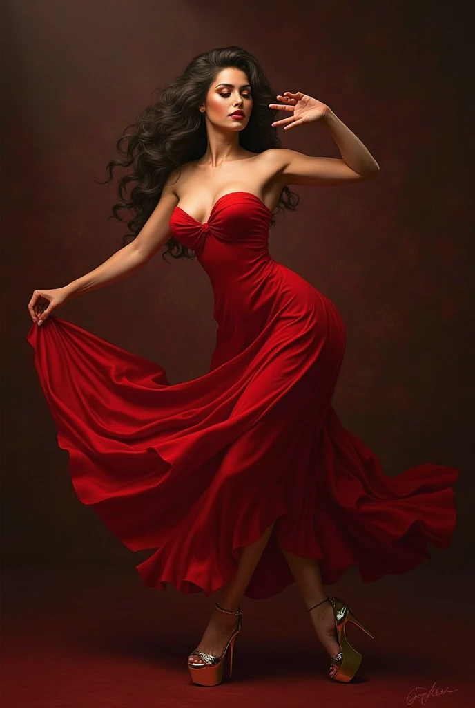 Beautiful busty Spanish fashion model dancing flamenco、Professional appearance、At a powerful angle、Uplifting、Dynamically、A closer shot、Looking seductively at the camera、Canon Eos 24mm, In detail、4K, 8k,