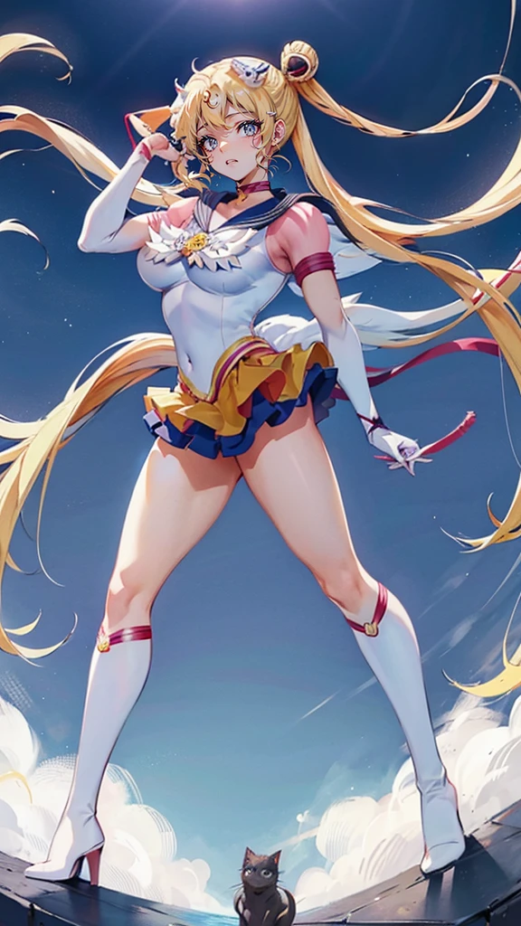 masterpiece, best quality, (1girl), supersailormoon, detailed face, smile, nigh sky, moonlight, moon, sakura trees, white gloves, detailed eyes, detailed face, fullbody, galazy background, gigantic breasts, giga_busty, back view from below