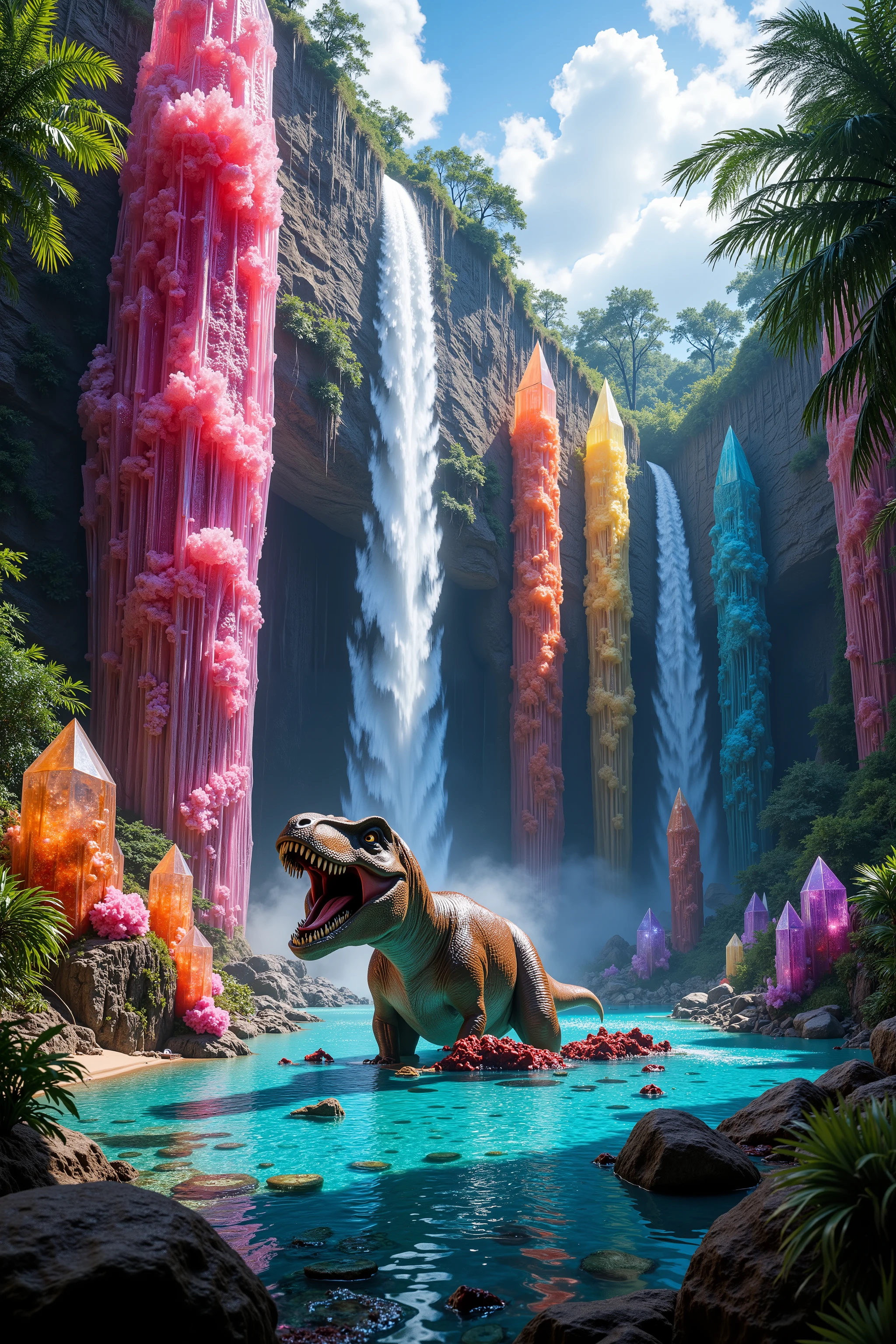 <lora:Auraquartz. A cliff that is 300 feet tall made up of gigantic quartz crystal points that are multicolored translucent pillars in a tropical rainforest. In the middle of these skyscraper sized quartz crystals is an incredible gushing, cascading waterfall that pours into a beautiful lagoon that is lined with smaller quartz crystals 20 to 40 feet tall. In hues of Pink, Red, Orange, Yellow, Green, Blue, and purple, there are hundreds of quartz crystal formations pointing up in the sunlight in the cliff and protruding from the perimeter of the lagoon. Be sure that they are partially translucent and radiate color in the bright full sunlight. <Lora:dinosaur In this Full Sunlight we see a Tyrannosaurus Rex as he has another dinosaur down and is tearing him to shreads in the lagoon. Huge chunks of red raw meat are ripped off by the T Rex and the crystal clear blue water becomes thick with blood all around them. Pieces of stringy meat and blood hang and drip off the T Rex's enormous teeth, his mouth covered in blood, and his eyes full of carnivore ecstasy as he eats his prey. No red eyes! Graphic and disturbingly natural. Anatomically Correct Size and Proportion of T Rex! Breathtakingly Beautiful, Stunning, Awe Inspiring, An Awesome Site! If you get it right! 8K Octane, Action Painting, Artistic, Cinematic, Cinematography, Conceptual Art, Digital Art, Fujicolor, Super Saturated Colors, Hyperdetailed, Hyperrealism, Photorealistic, Pixel Art, Pixel Assets, Portrait Photography, Surrealism, Unreal Engine, Sparkle, Depth Of Field, Optical Illusion, Cinematic Lighting, Glowing Light, Reflection Light, Ray Tracing, God Rays, Perspective, Ultra bloody and gorey, UHD, Super Detailed, Best Quality, Detail, Award Winning, Ultra Masterpiece