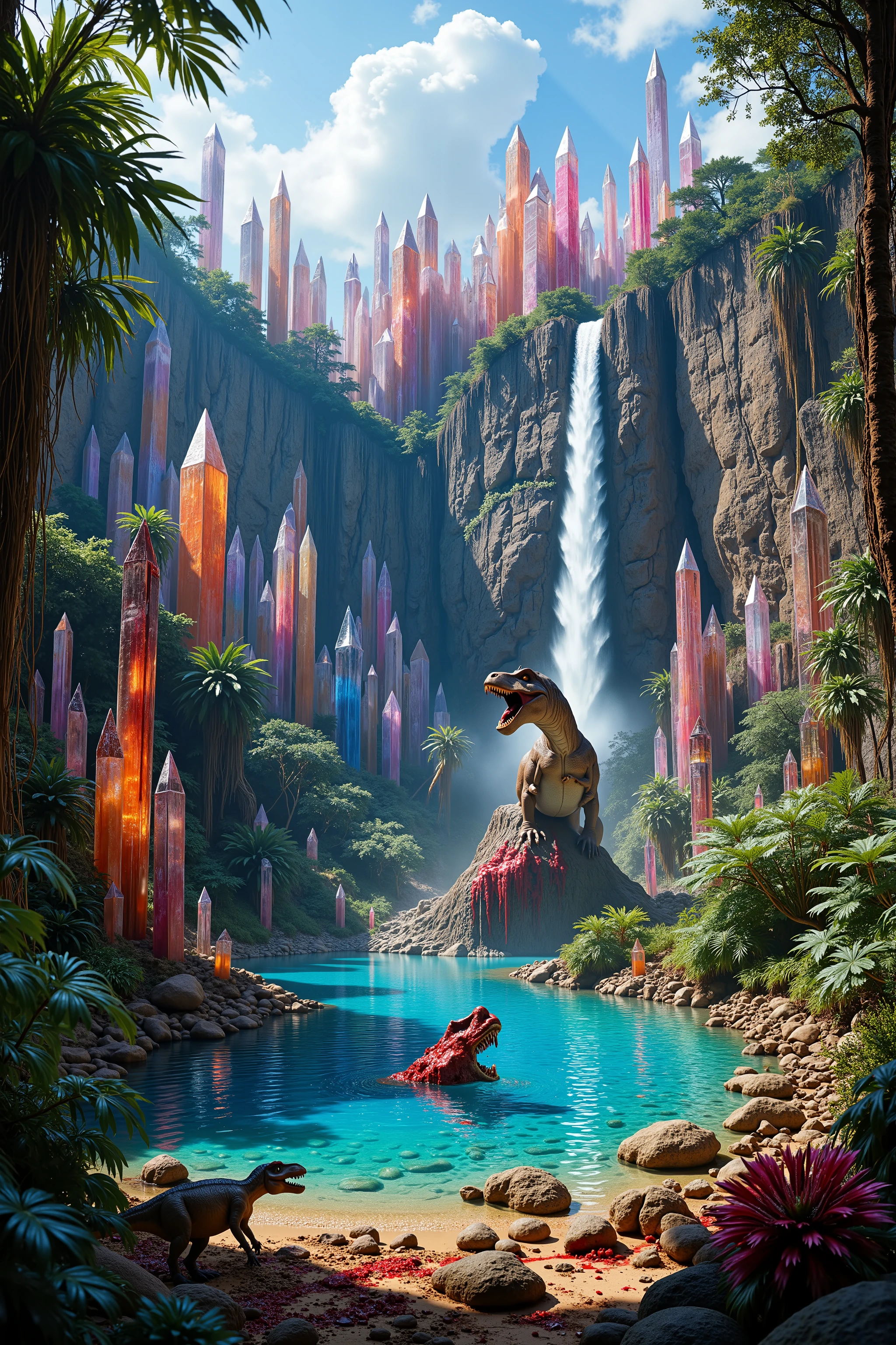 <lora:Auraquartz. A cliff that is 300 feet tall made up of gigantic quartz crystal points that are multicolored translucent pillars in a tropical rainforest. In the middle of these skyscraper sized quartz crystals is an incredible gushing, cascading waterfall that pours into a beautiful lagoon that is lined with smaller quartz crystals 20 to 40 feet tall. In hues of Pink, Red, Orange, Yellow, Green, Blue, and purple, there are hundreds of quartz crystal formations pointing up in the sunlight in the cliff and protruding from the perimeter of the lagoon. Be sure that they are partially translucent and radiate color in the bright full sunlight. <Lora:dinosaur In this Full Sunlight we see a Tyrannosaurus Rex as he has another dinosaur down and is tearing him to shreads in the lagoon. Huge chunks of red raw meat are ripped off by the T Rex and the crystal clear blue water becomes thick with blood all around them. Pieces of stringy meat and blood hang and drip off the T Rex's enormous teeth, his mouth covered in blood, and his eyes full of carnivore ecstasy as he eats his prey. No red eyes! Graphic and disturbingly natural. Anatomically Correct Size and Proportion of T Rex! Breathtakingly Beautiful, Stunning, Awe Inspiring, An Awesome Site! If you get it right! 8K Octane, Action Painting, Artistic, Cinematic, Cinematography, Conceptual Art, Digital Art, Fujicolor, Super Saturated Colors, Hyperdetailed, Hyperrealism, Photorealistic, Pixel Art, Pixel Assets, Portrait Photography, Surrealism, Unreal Engine, Sparkle, Depth Of Field, Optical Illusion, Cinematic Lighting, Glowing Light, Reflection Light, Ray Tracing, God Rays, Perspective, Ultra bloody and gorey, UHD, Super Detailed, Best Quality, Detail, Award Winning, Ultra Masterpiece